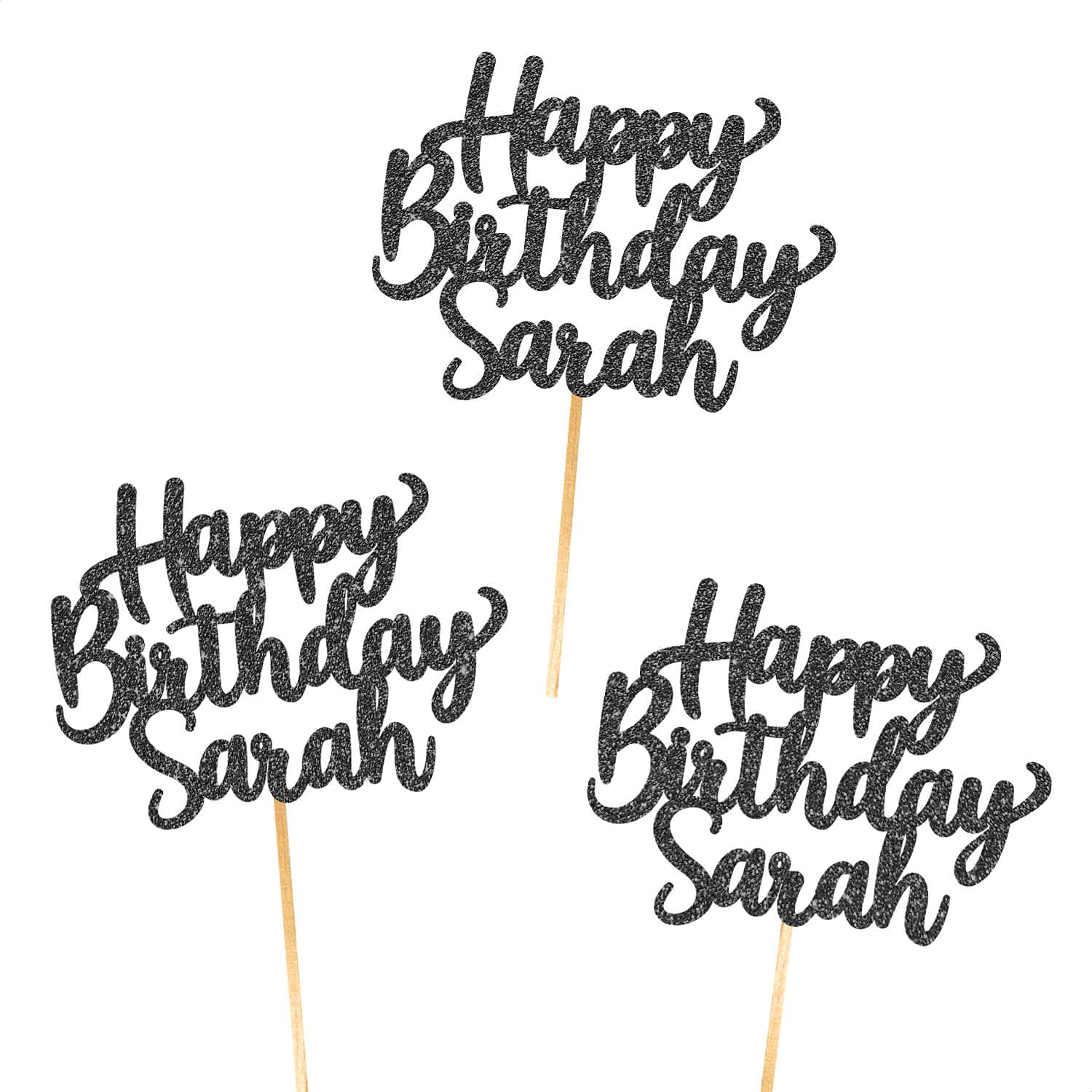 6X Personalised, Double Sided, Handmade Happy Birthday Glitter Cupcake Toppers by Cakeshop | Custom Colour Any Name 480gsm Glitter Cupcake Decorations | Black