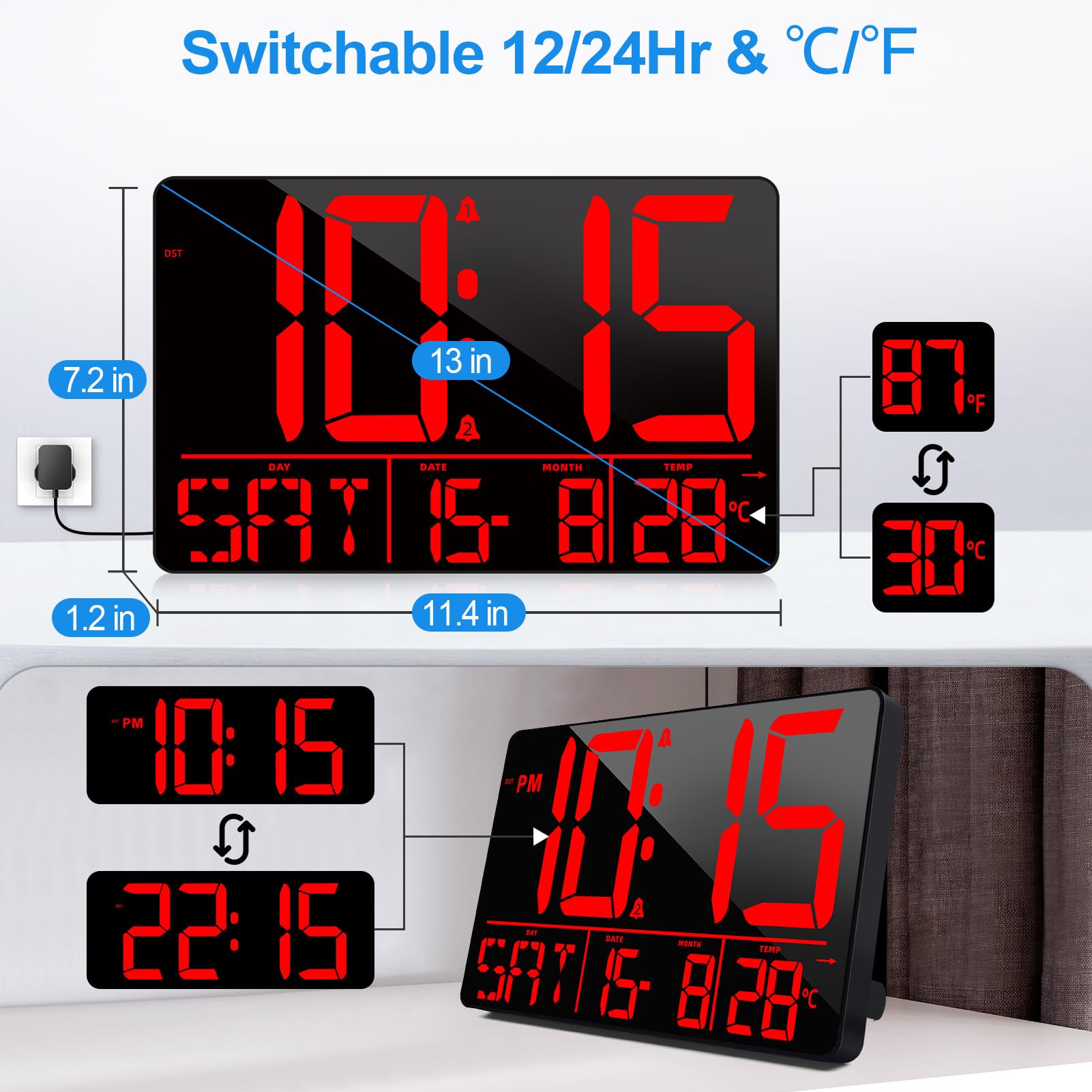 Grande horloge murale numérique LED de 33 cm avec télécommande, synchronisation Bluetooth, 25 sonneries, température, date et jour de la semaine, double alarme, luminosité automatique, DST