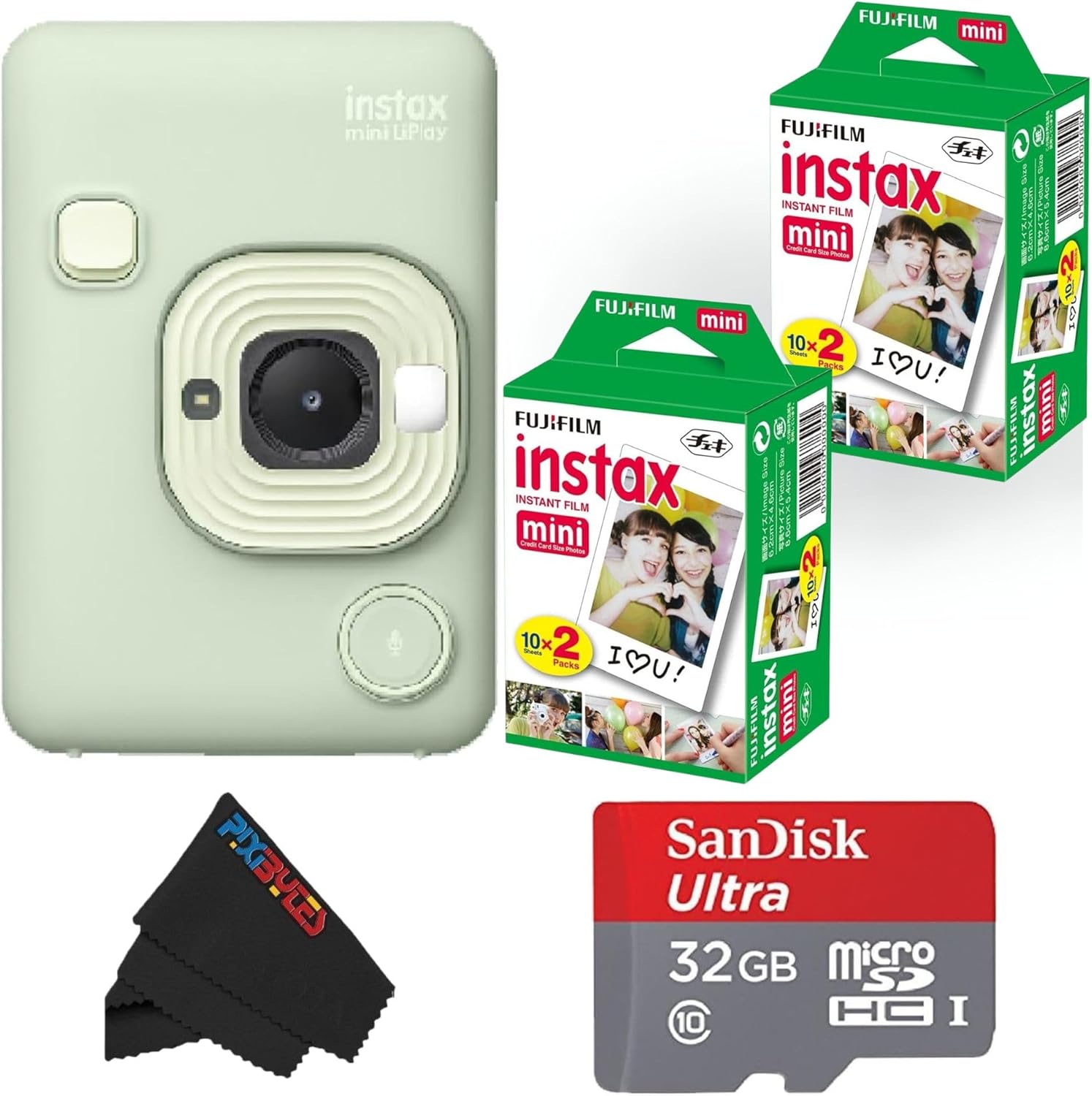 Fujifilm Mini LiPlay Hybrid Instant Camera with Mini Film, 32GB microSD Card, Charging Cable, Hand Strap and Pixibytes Microfiber Cleaning Cloth... (Matcha Green + 40 Sheets)