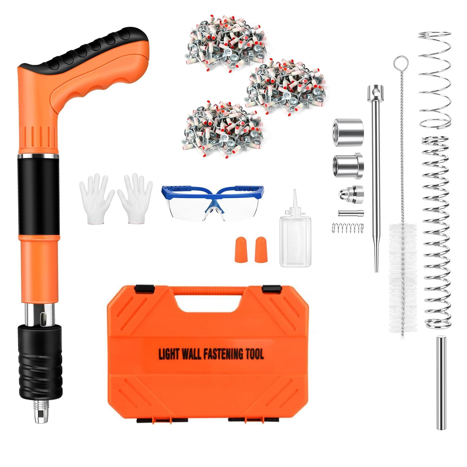Cloueur Beton avec 200 Clou,Cloueuse avec 5 Niveaux de Réglable,Pistolet à Clous Manuel avec Gants et Lunettes,Pistolet à Ongles Portable,Kit pour Ongles en Béton,pour Murs en Béton,Plafonds (Orange)