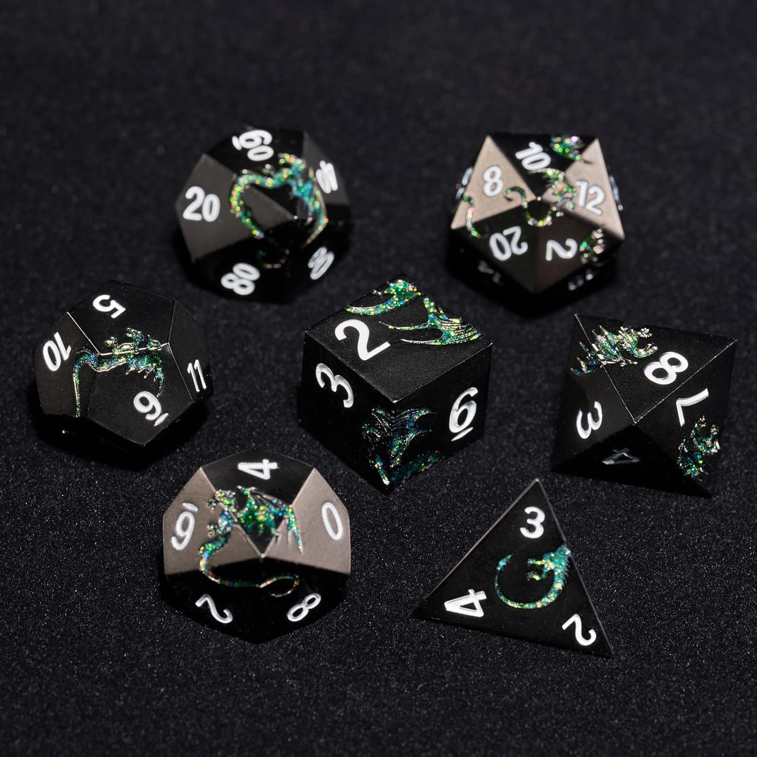 Black Glitter Green Dragon Metal Dice Set,7 PCS Heavy Zinc Alloy DND Dice with Magnetic Gift Box for Tabletop RPG Games (Black Glitter Green Dragon)