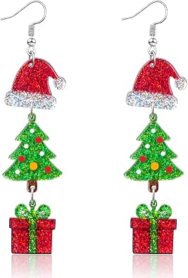 Christmas Dangle Earrings for Women Glitter Acrylic Triple Drop Santa Hat Tree Jingle Bell Gift Star Earrings Cute Xmas Holiday Party Costume Jewelry Gifts Decoration