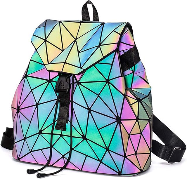 Parnerme Geometric Women's Fashion Backpacks Ladies Fashion PU Leather Backpack Holographic Reflective Backpack Girls Ladies