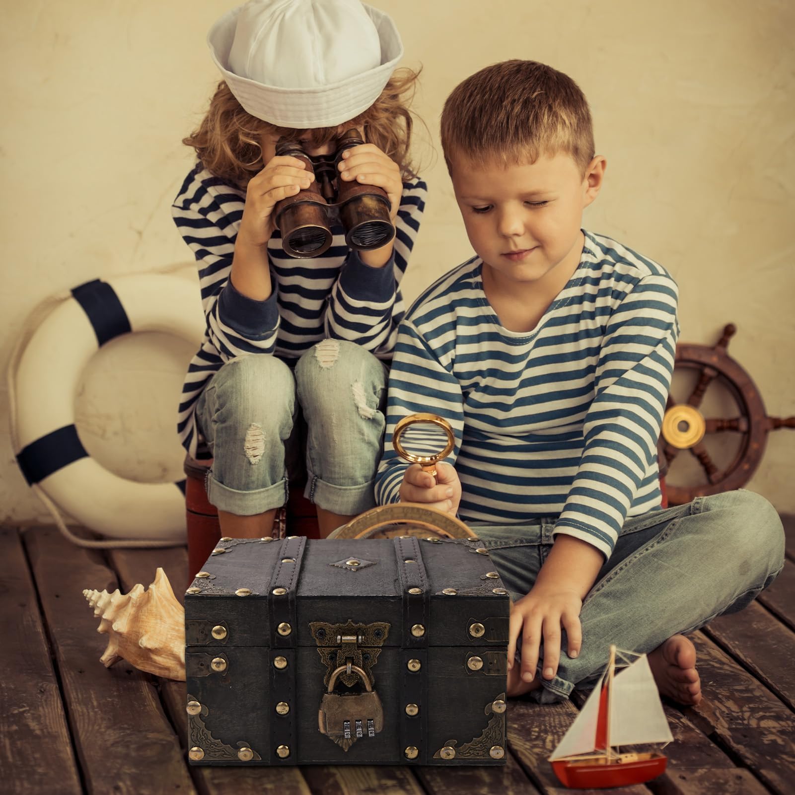 Vintage Holz Schatztruhe, Aufbewahrung Schatzkiste mit Schloss, Holz Schatztruhe kindergeburtstag Schatzkiste kinder mit Deckel Piratenkiste für Aufbewahren und Dekorieren Geschenke(Grau)