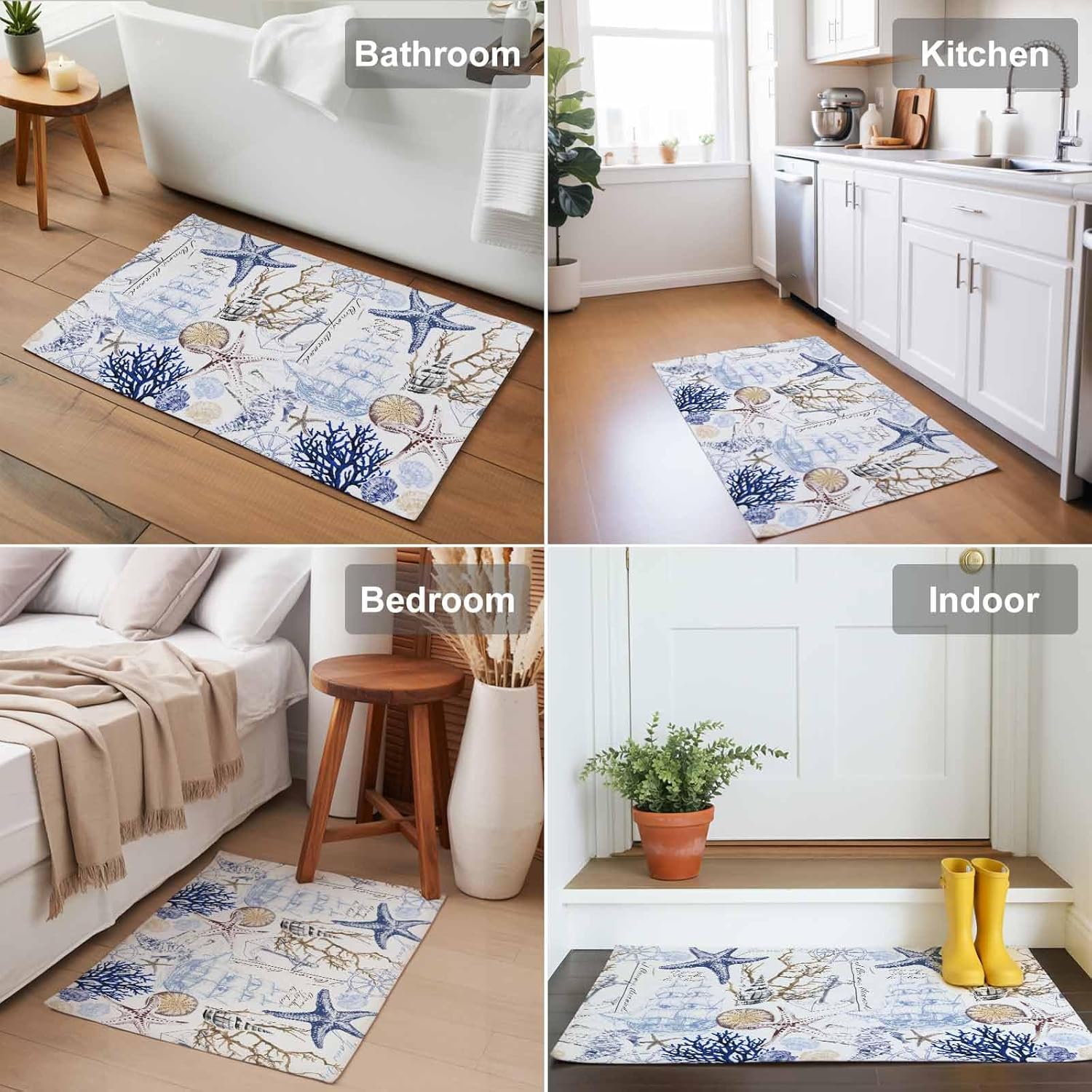 Summer Ocean Nautical Door Mat Sea Shell Doormat,Starfish Welcome Mats Non Slip Bath Rug,Anchor Coastal Coral Indoor Floor Mats,Retro Boat Blue White Washable Entry Rugs for Kitchen Bathroom 20x32in