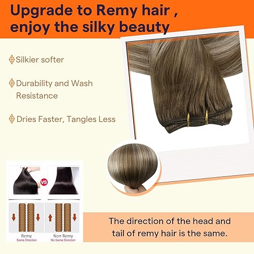 Miniatura 3 de Full Shine Trama de cabello humano real Remy, para extensiones cosidas, 3.70 oz (105 g). 18 pulgadas (45.72 cm), mezcla de castaño rojizo y rubio