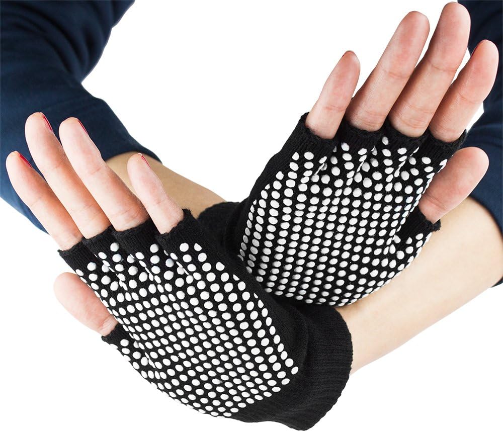 Crown Sporting Goods Fingerless Yoga Gloves with Slip-Free Texturizing Beads, Black
