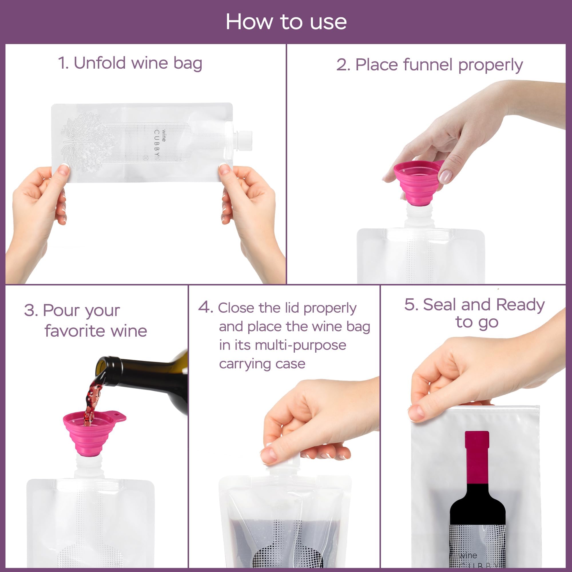 Pratico Outdoors WineCubby Reusable Plastic Wine Bag Set with Case and Funnel, No Glass, Holds 1 Bottle of Wine