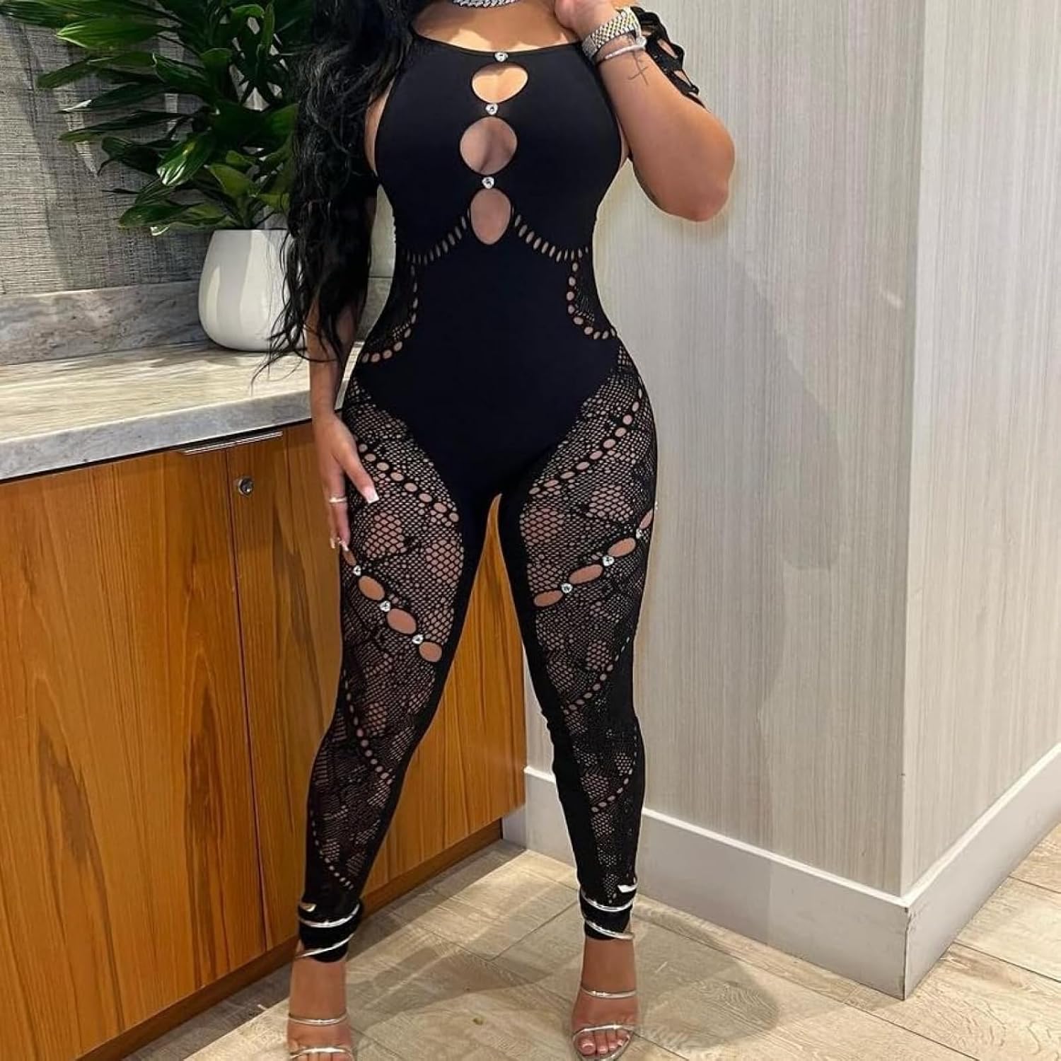 WEICHUJIAN Women's Sexy Jumpsuit Mesh Halter Neck Hollow Perspective Rhinestone Slim Fit Stretch High Waist Lace Rompers
