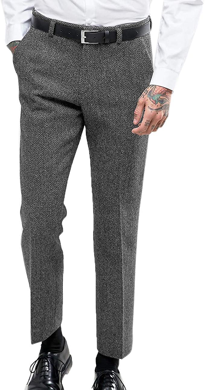 Solovedress Mens Vintage Herringbone Suit Pants Tweed High Waisted Wool Slim Fit Trousers for Wedding Groomsmen(Grey,32)