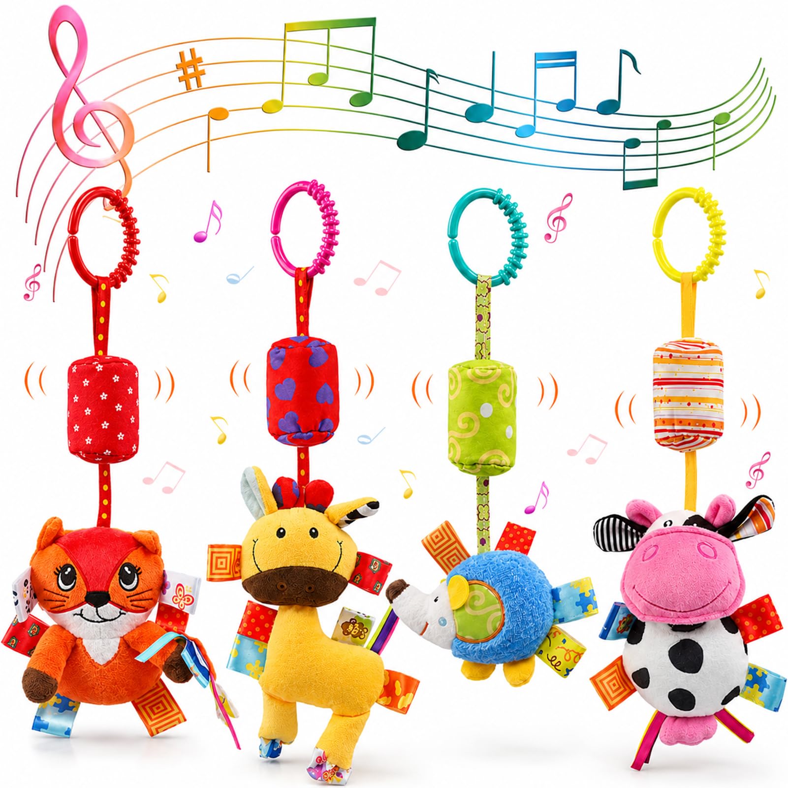 JoyLife Baby Hanging Toys, 4 Pieces Plush Rattle for Stroller, Car Seat and Crib, Sensory Toys 0-12 Months, Gift for Newborn