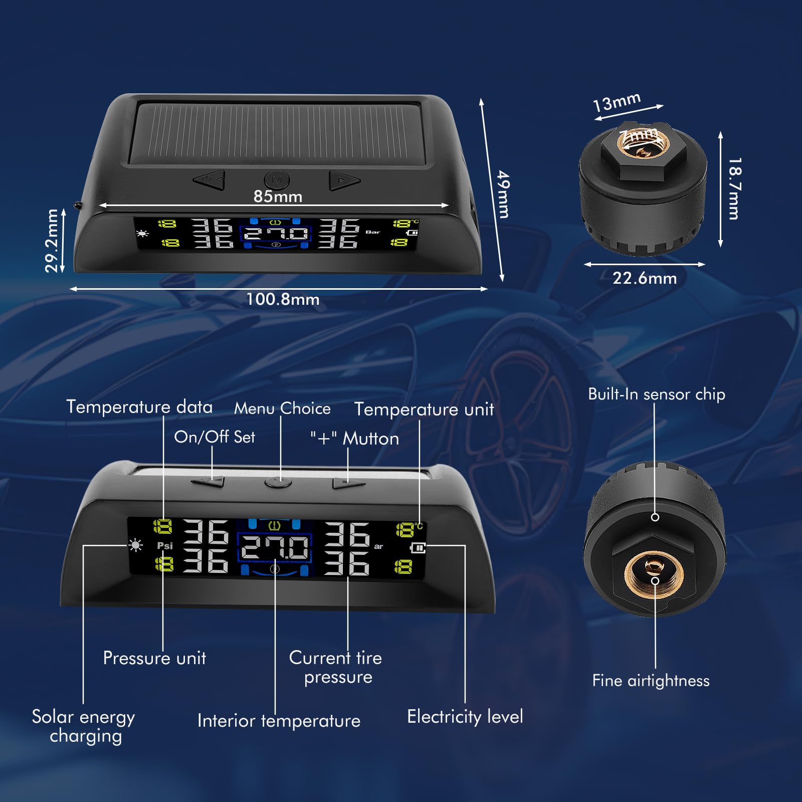 KAOLALI Sistema di Monitoraggio della Pressione dei Pneumatici, Visualizza La Temperatura all'Interno della Vettura TPMS, 6 modalità Allarme, con 4 Sensori Pressione Pneumatici (0-72 PSI)