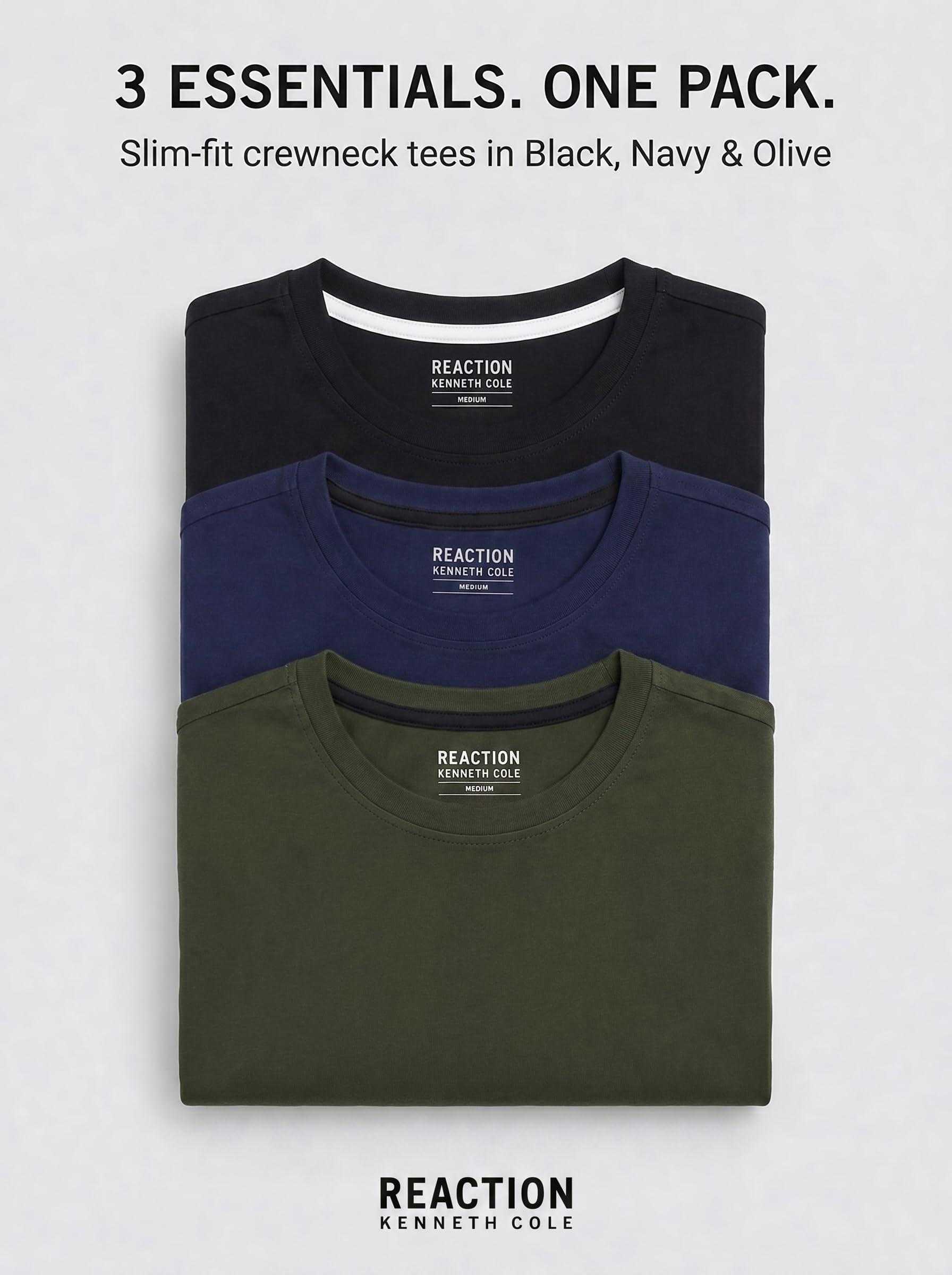 Kenneth Cole REACTION Mens T-Shirt Pack of 3 - UPF 50+ Cotton/Spandex Jersey Slim Fit White T Shirts for Men Pack (Black/Olive/Navy, Medium)