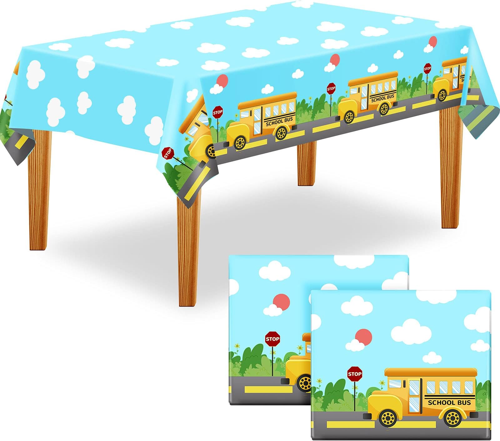 School Bus Tablecloth Table Cover First Day of School Party Table Cloth Waterproof Bus Theme Tablecloth Covers for Party,51 x 87 Inch (2 Pieces)