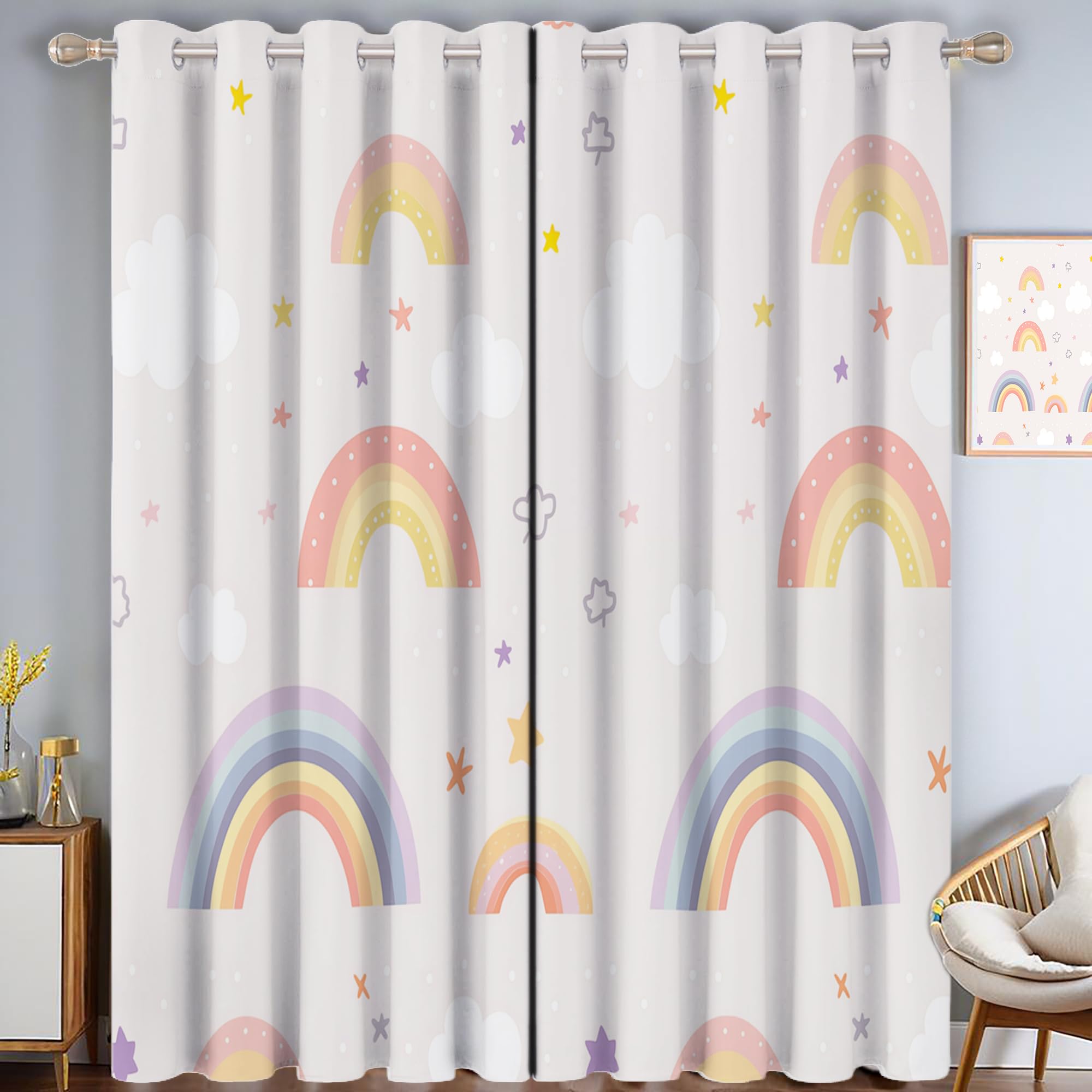 Rideaux occultants thermiques beige 140x200 cm rideau motif arc-en-ciel étoiles oeillets salon