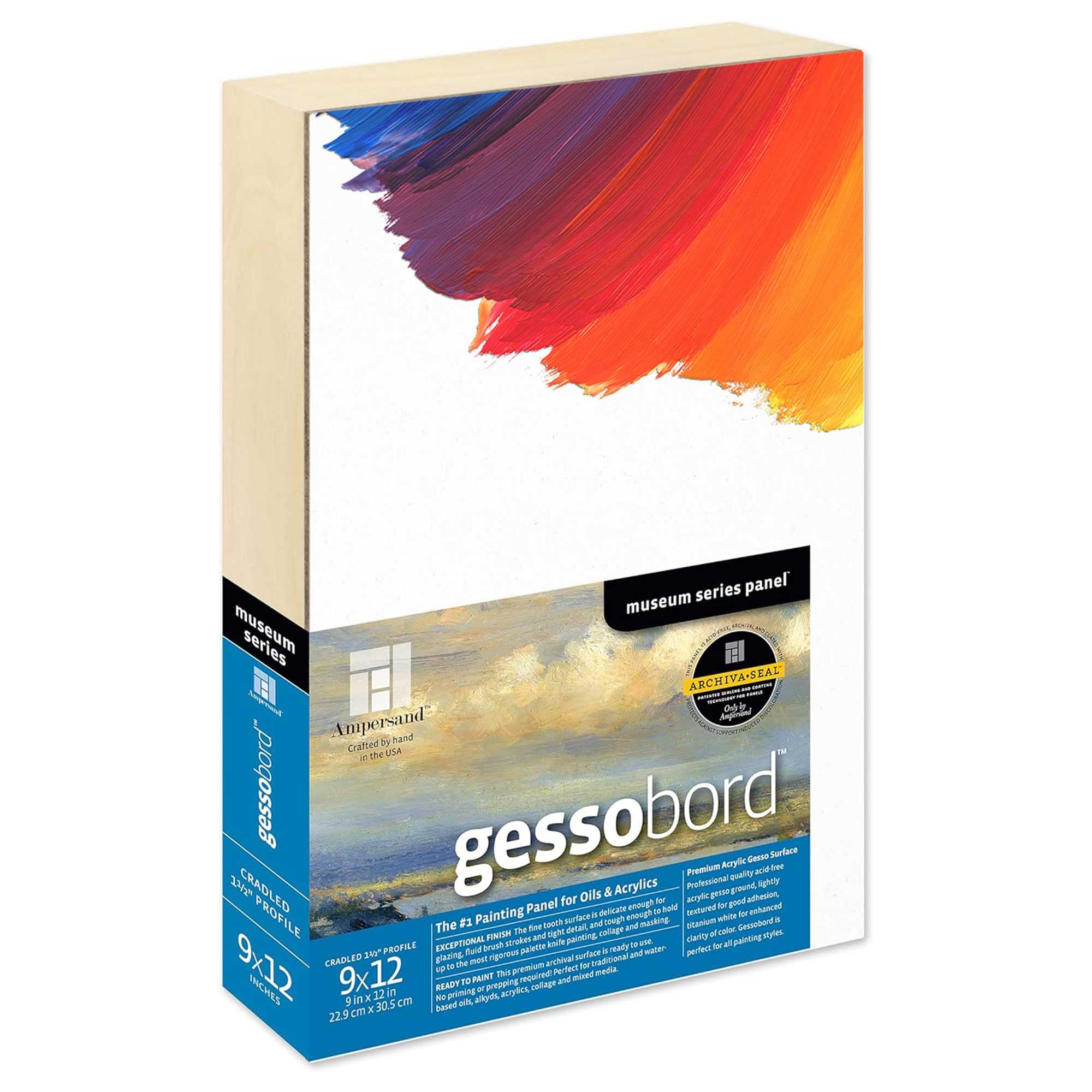 Ampersand Art Supply Museum Series Gessobord | 9x12 | 1-1/2" Cradled Profile | Gesso Wood Painting Panel for Oil and Acrylic Paint & Mixed Media | Canvas Panel Alternative in Professional Art Supplies
