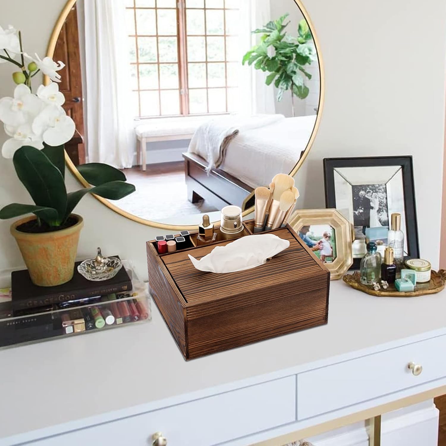 Sumnacon Wood Rectangular Tissue Box Cover - Multifunctional Tissue Holder with Stationery Remote Control Box, Decorative Tissue Pen Remote Organizer for Desktop Livingroom Bedroom Home Office, Yellow