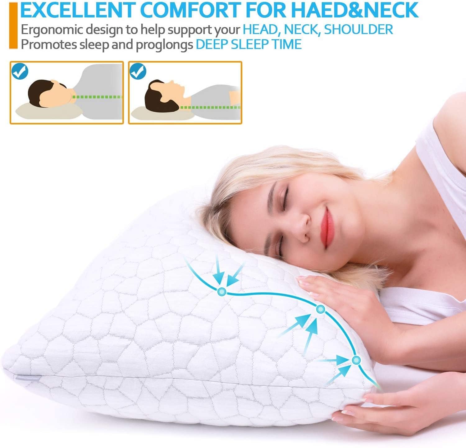 Almohadas de espuma viscoelástica trituradas para dormir y refrescar la almohada de bambú con almohadas hipoalergénicas ajustables para dormir de lado y de espalda, lavable