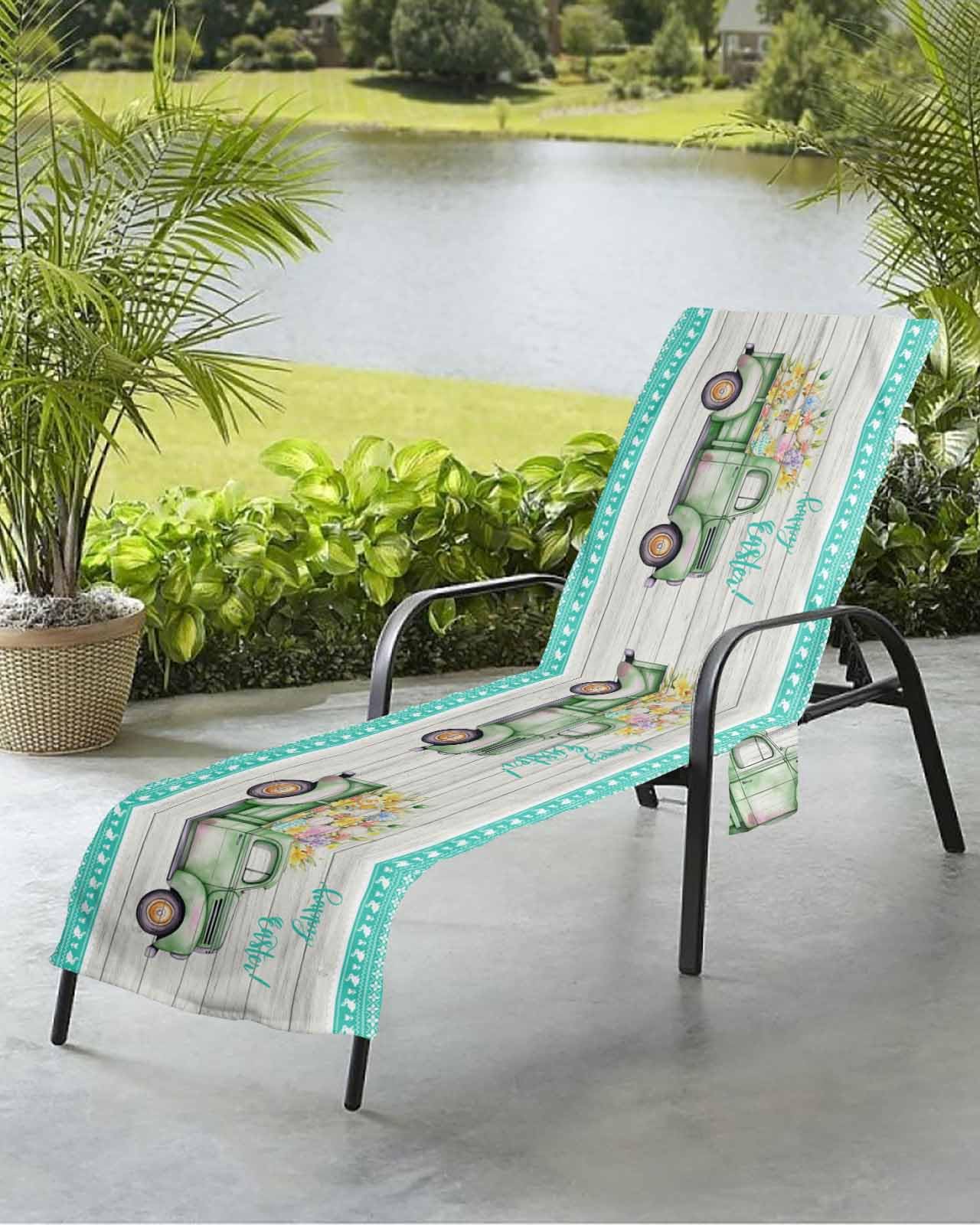 Easter Green Truck Beach Chair Towel Covers for Chaise Lounge With Side Pocket, Soft Plush Pool Towels Cover for Patio Sunbathing Outdoor 29''x85'' Farmhouse Eggs Tulip Wood Grain