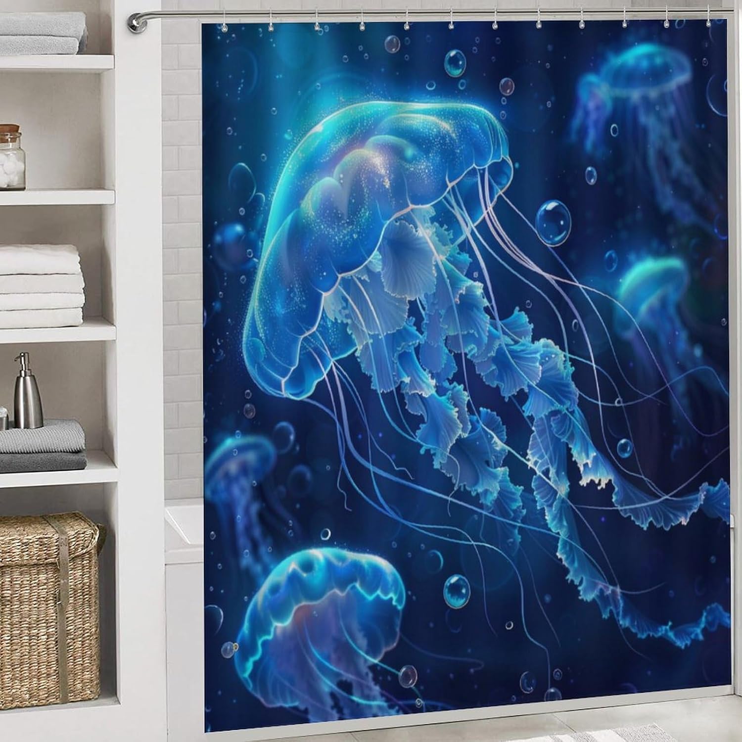 4Pcs Blue Jellyfish Underwater Shower Curtain Sets, Bathroom Decor Set with Rugs, Bath Mat Ocean Animal Shower Curtain, 72 X 72 Inch