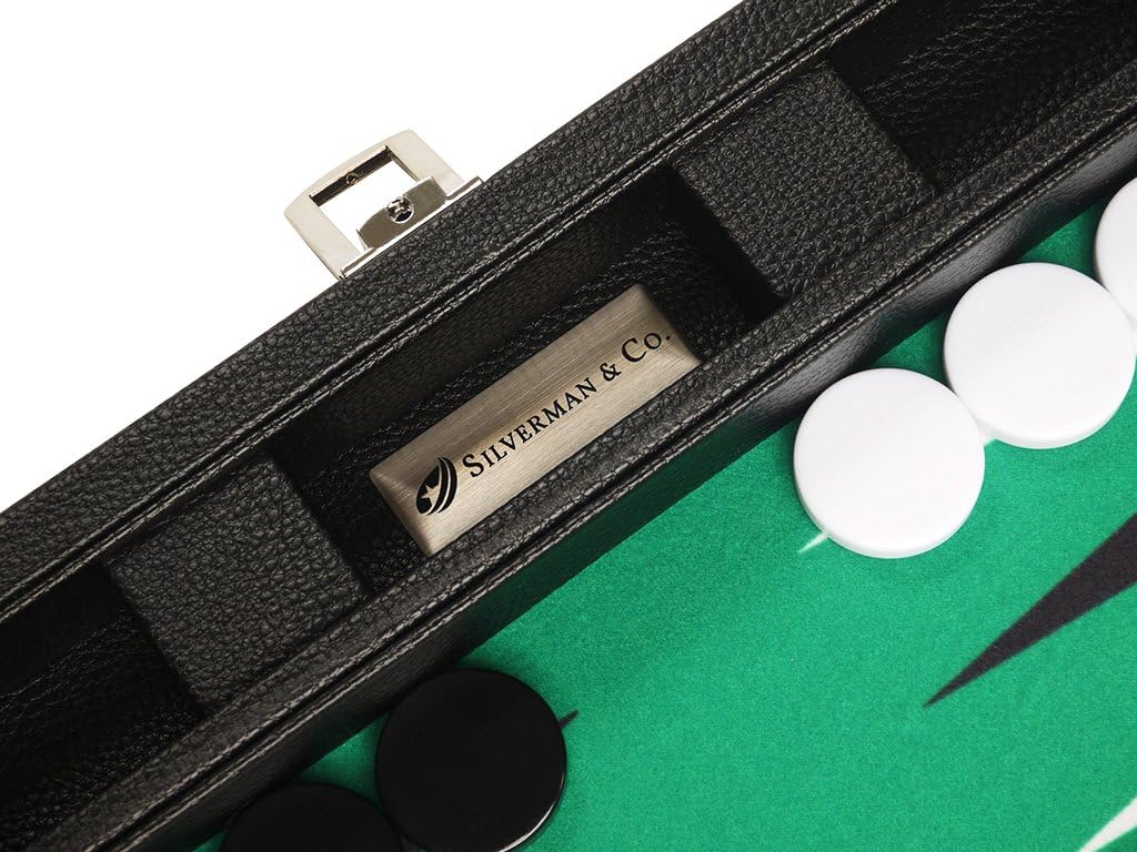 13-inch Premium Backgammon Set - Travel Size - Black Board, Green Playing Surface, Black and White Points