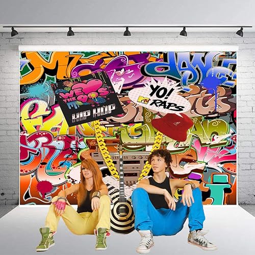 Miniatura 2 de Qian Fondos de fotografía con tema de graffiti de hip hop de 7 x 5 pies, decoración de fiesta de los años 80 y 90, accesorios de estudio