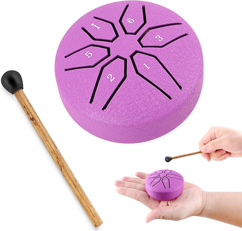 EASTROCK Mini Steel Tongue Drum 3 Inch 6 Notes C Key, Purple | Percussion Instrument Handpan Drum with Mallets & Music Book Steel Drum for Meditation, Relaxation