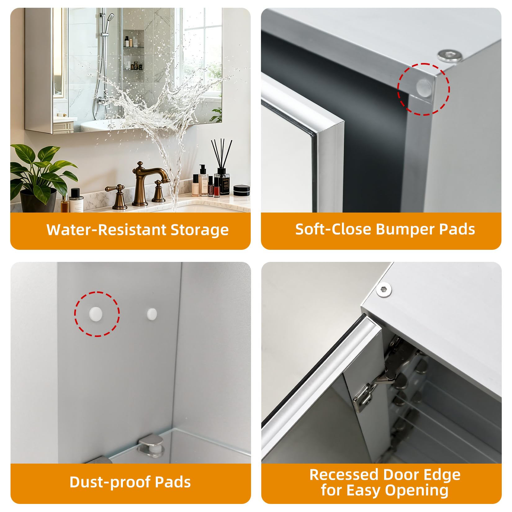 Botiquín de baño de 45 x 60 cm con espejo, marco de aluminio, ligero, resistente y atractivo, apto para empotrar o montar en la pared, estantes ajustables, vidrio templado