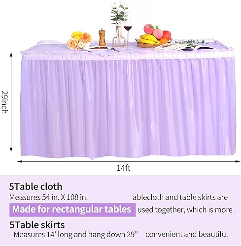 Miniatura 3 de Paquete de 5 faldas de plástico para mesas rectangulares con 5 manteles de mesa, manteles azules de 14 pies y manteles de 54 x 108 pulgadas,