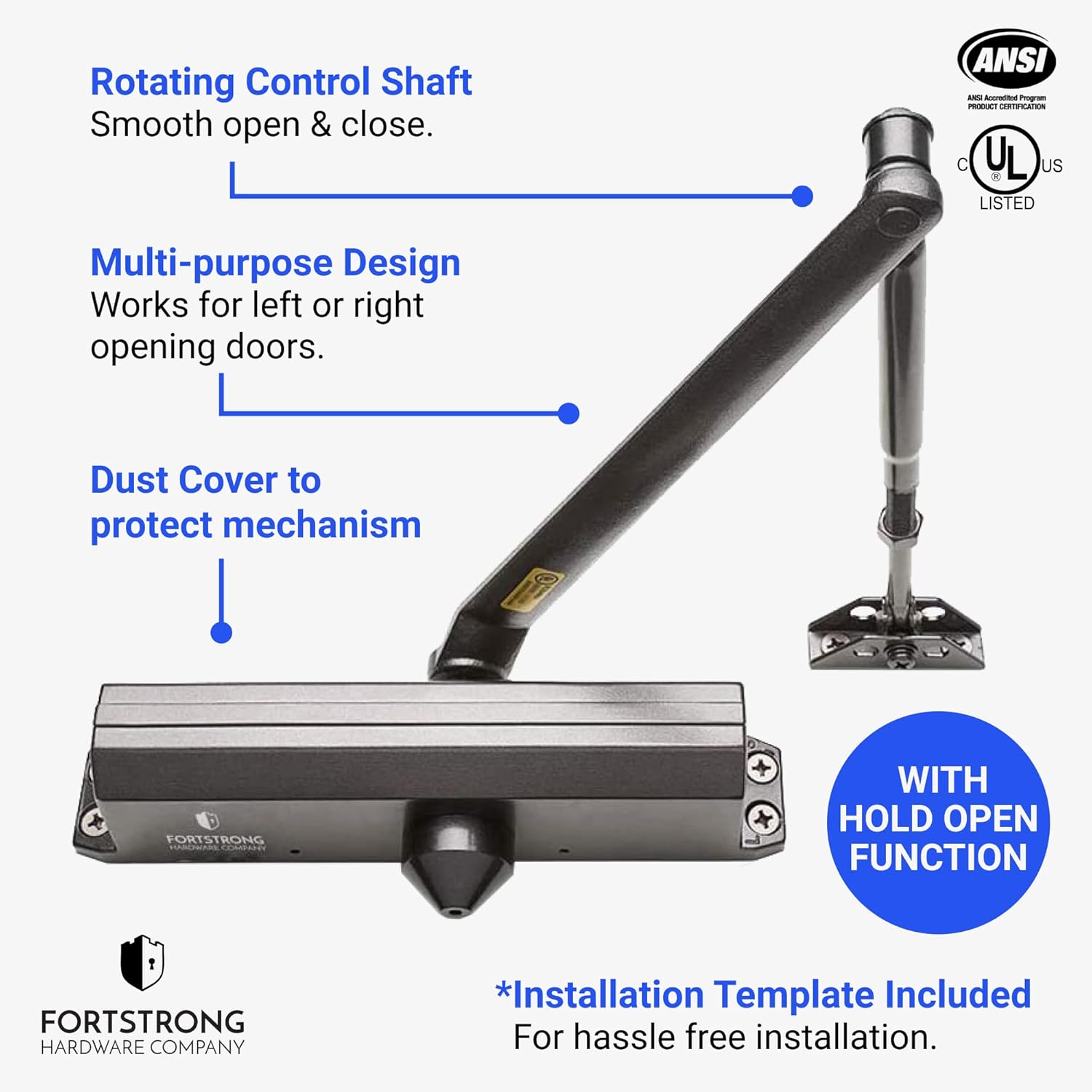 Diagram showing rotating control shaft, multi-purpose design, dust cover, and hold open function