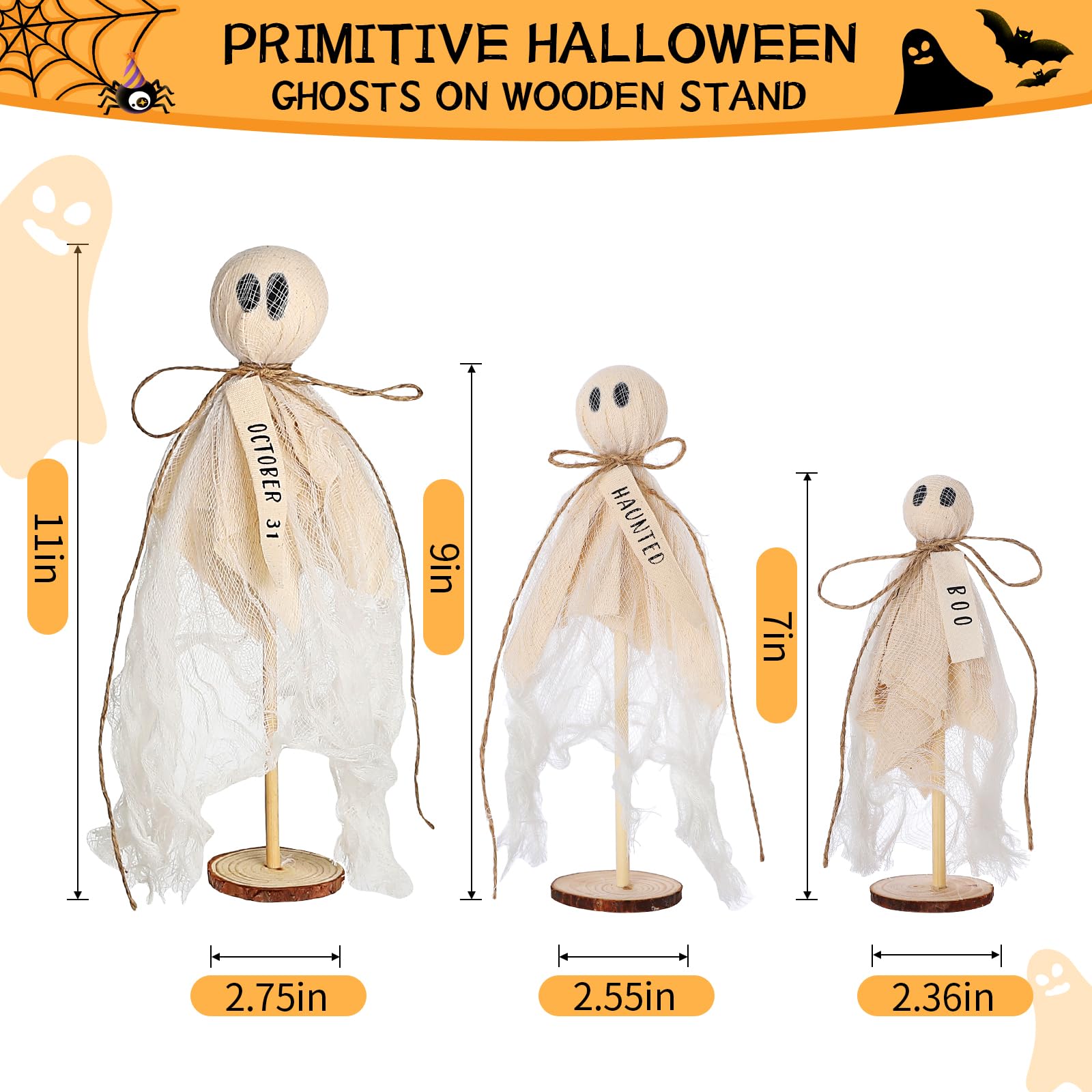 AMDBHC Summerween Decoration Halloween Decorations Indoor - 3 Set of Primitive Ghosts on Wooden Stand for Table Centerpieces Tiered Trays Shelves Mantels Home Halloween Décor