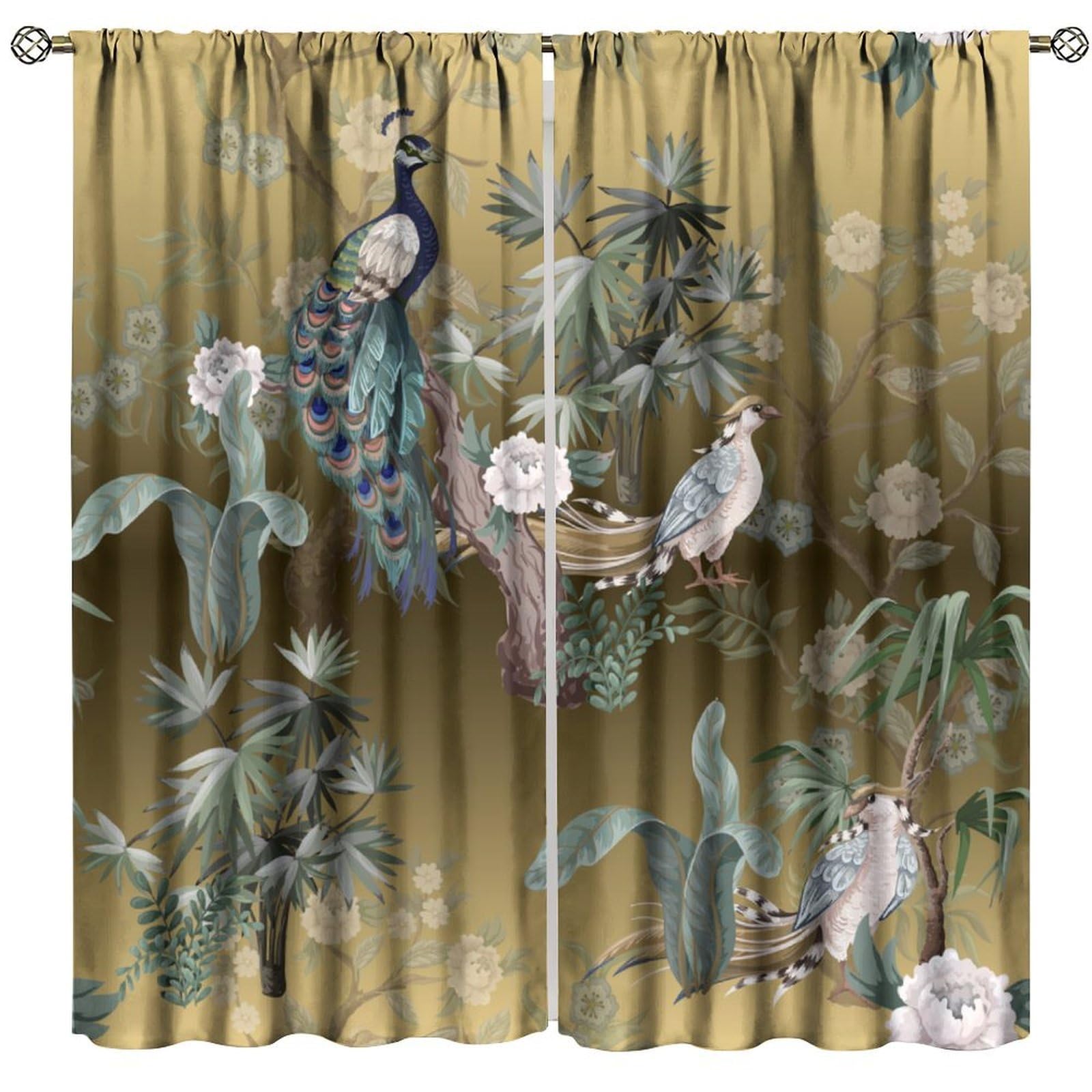 BenYaSong Peacock Decor Window Curtain Chinoiserie Style Herons Peacocks Birds Peonies for Home Kitchen Livingroom Coffee Room Window Drapes 2Panel 41" W X 62" L