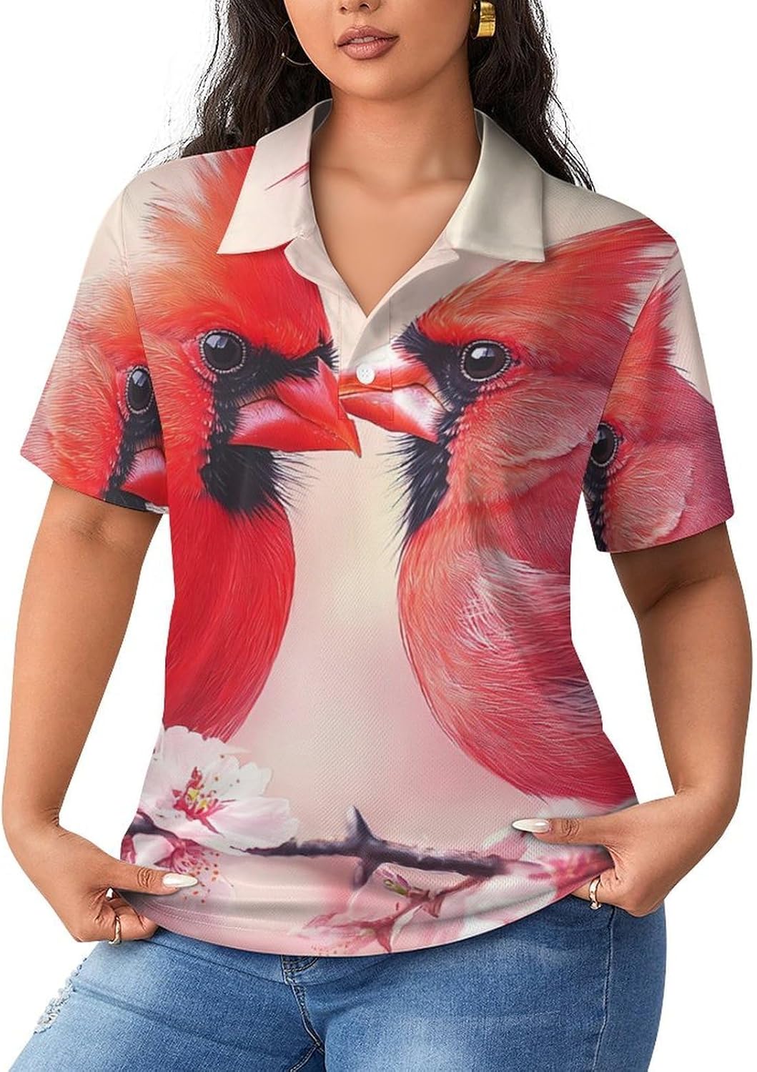 Cardinal Cute Bird in Love Women's Golf Polo Shirts Short Sleeve Quick Dry Tennis Tops Casual Work Blouses