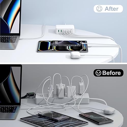 Miniatura 6 de Cargador rápido USB C, 150 W, 6 puertos de escritorio, PD GaN, cargador rápido, estación de carga, bloque de 65 W, adaptador de corriente USB C para