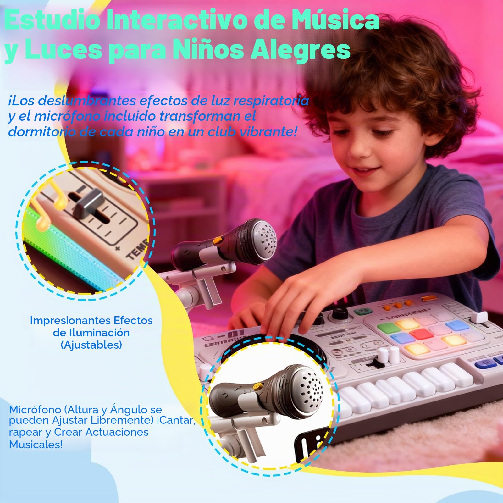 Mesa de mezclas DJ para niños de 3 a 12 años, Mezclador DJ para niños con micrófono, Luces, 100+ Sonidos DJ Mixer controlador Regalo Educativo para Niñas Recargable USB, Bluetooth