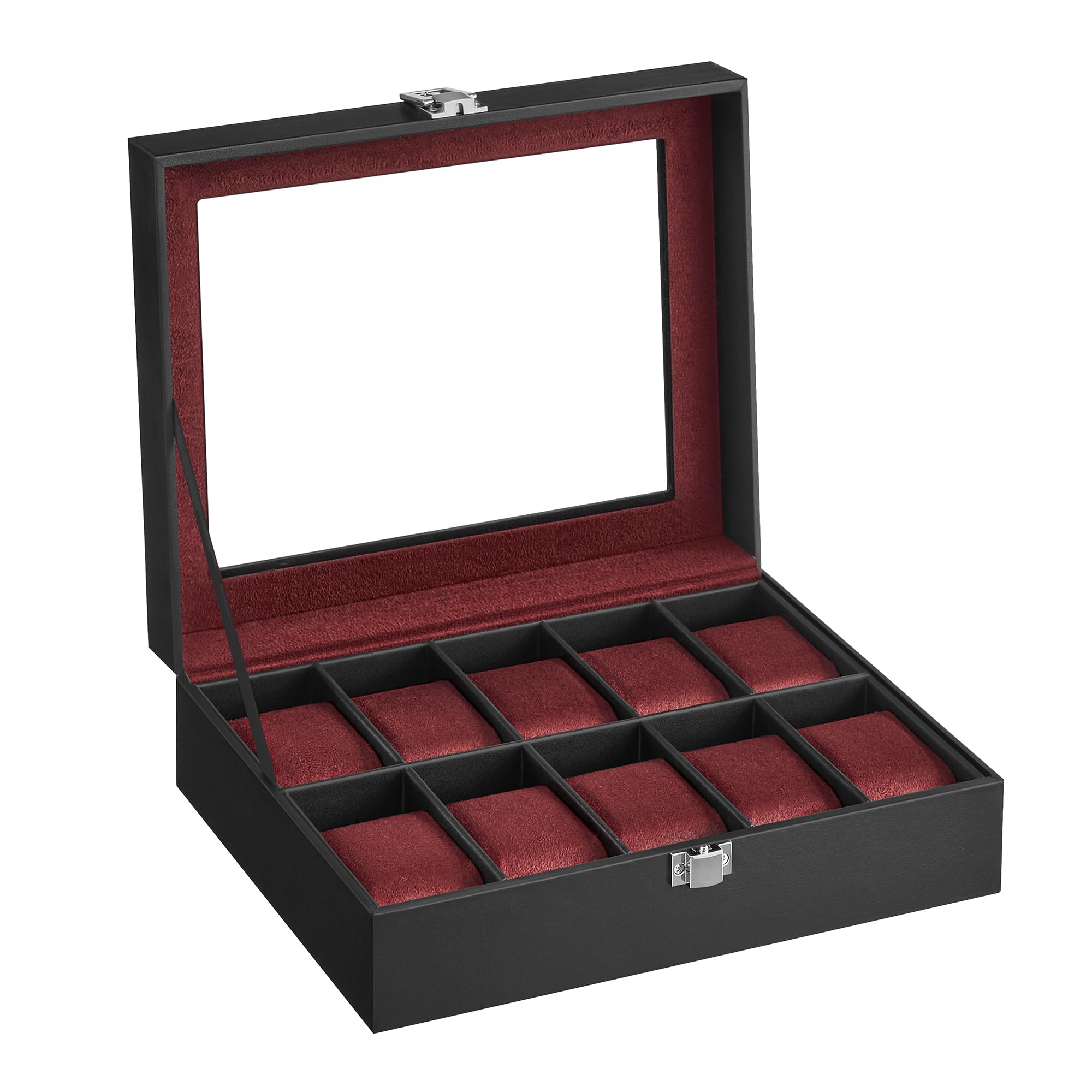 SONGMICS Scatola per orologi con 10 scomparti, custodia per orologi con coperchio in vetro, scatola per esposizione orologi con cuscini rimovibili, chiusura in metallo, idea regalo, pelle sintetica