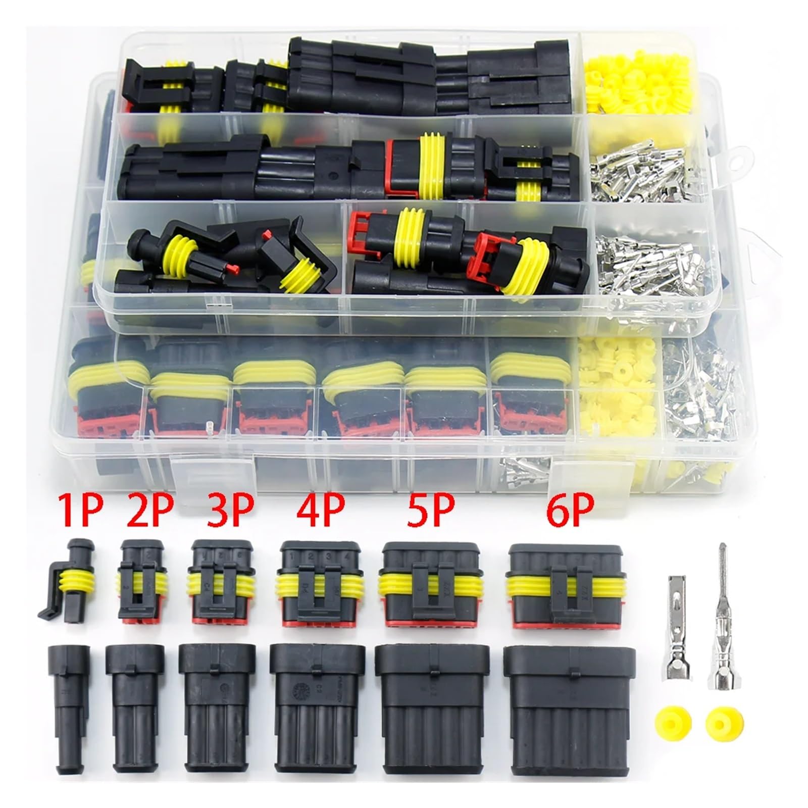 Kit de conectores a prueba agua, conector rápido cable automotriz, cableado eléctrico for coche, enchufe sellado automático 1, 2, 3, 4, 5 y 6 pines(192pcs)
