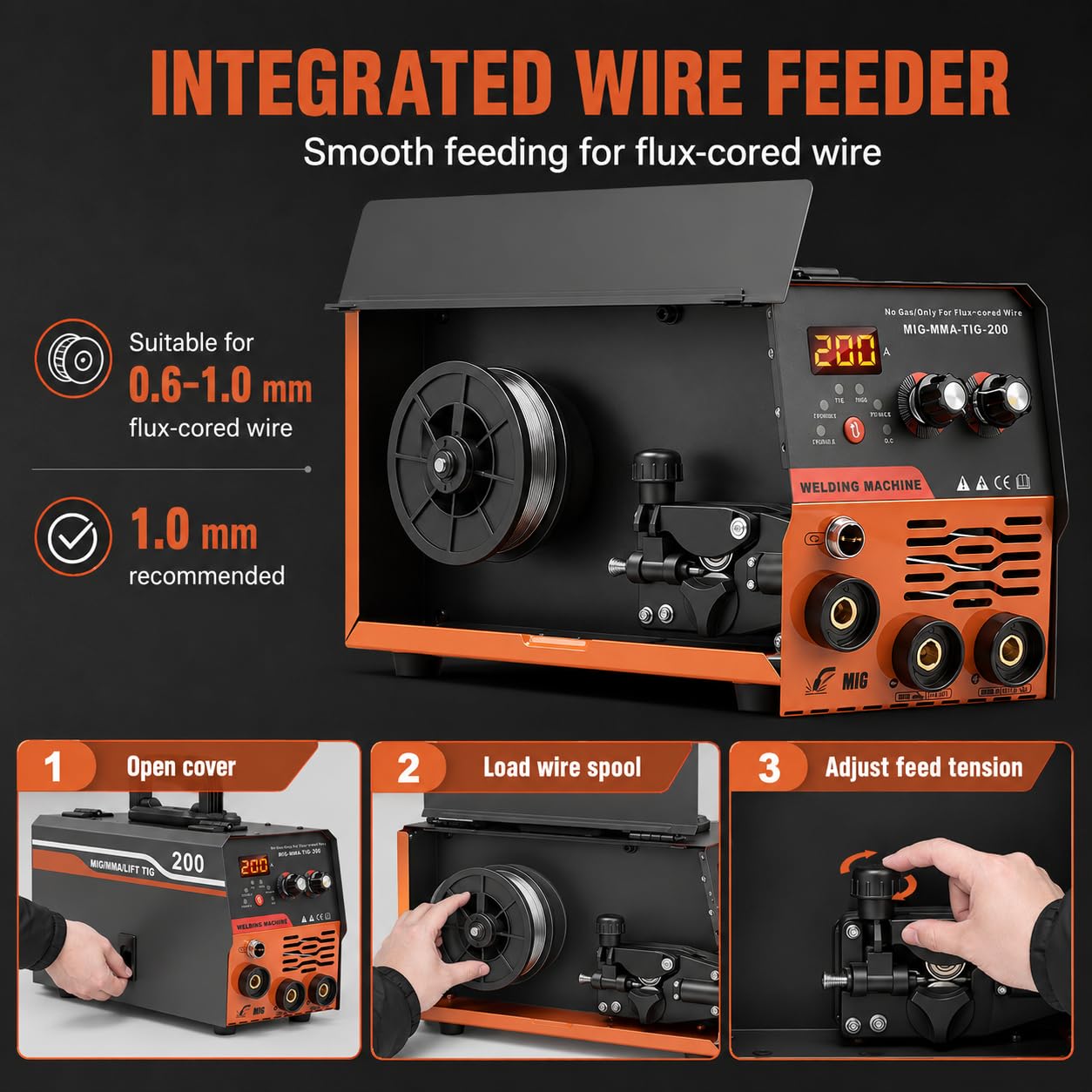 VOBOR Spawarka bezgazowa 200 A, 220 V, spawarka elektrodowa synergiczna 3 w 1 MIG/ARC/Lift TIG IGBT inwerter spawacz z drutem 1,0 mm pręt, pistolet spawalniczy MIG