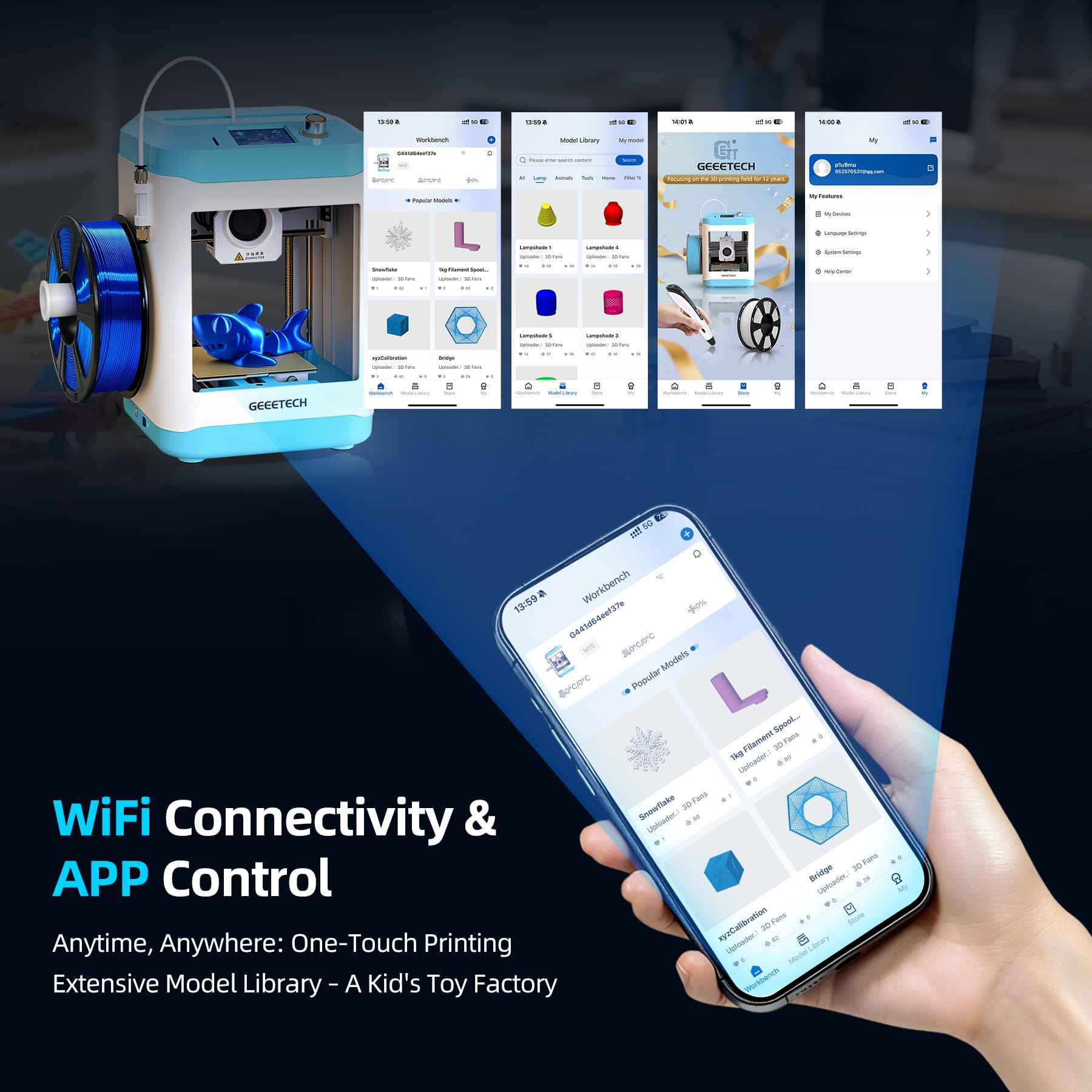 GEEETECH M1S Mini Stampante 3D, Stampante 3D per Principianti con estrusore a trasmissione diretta 250 mm/s per principianti con schermo a colori, Tre ventole di raffreddamento Blu