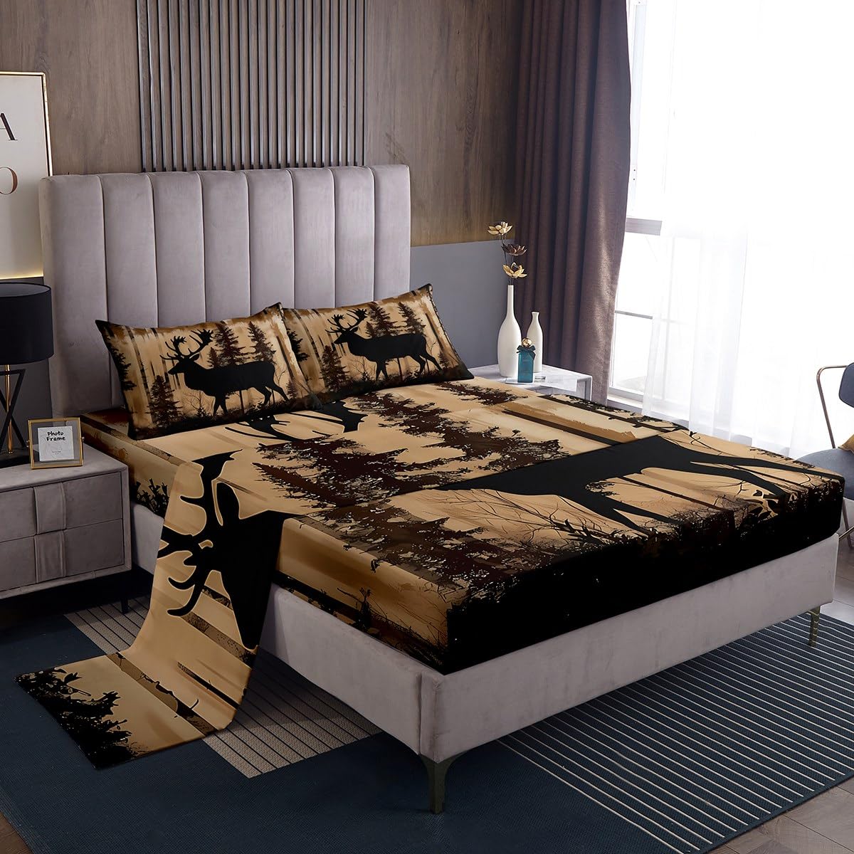 Homewish Juego de sábanas de ciervo para cama doble, ropa de cama de caza de ciervos del bosque, juego de sábanas de estilo rústico de granja, 4 piezas