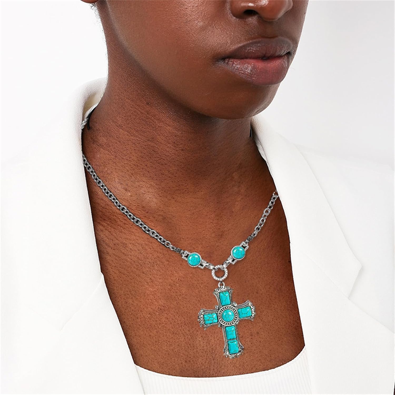 Turquoise Cross Necklace for Women Men Handmade Bohemian Healing Stone Necklace Good Luck Silver Pendant Necklaces Vintage Country Western Ethnic Jewelry - Image 2