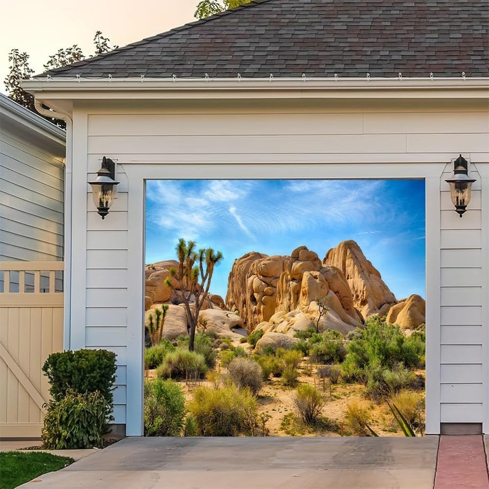 Leyiyi 7x16ft Desert Garage Door Decoration Banner Joshua Tree National Park Rocky Mountains Natural Scenery Garage Door Banner Cover with Grommets Hiking Camping Party Indoor Outdoor Wall Decor