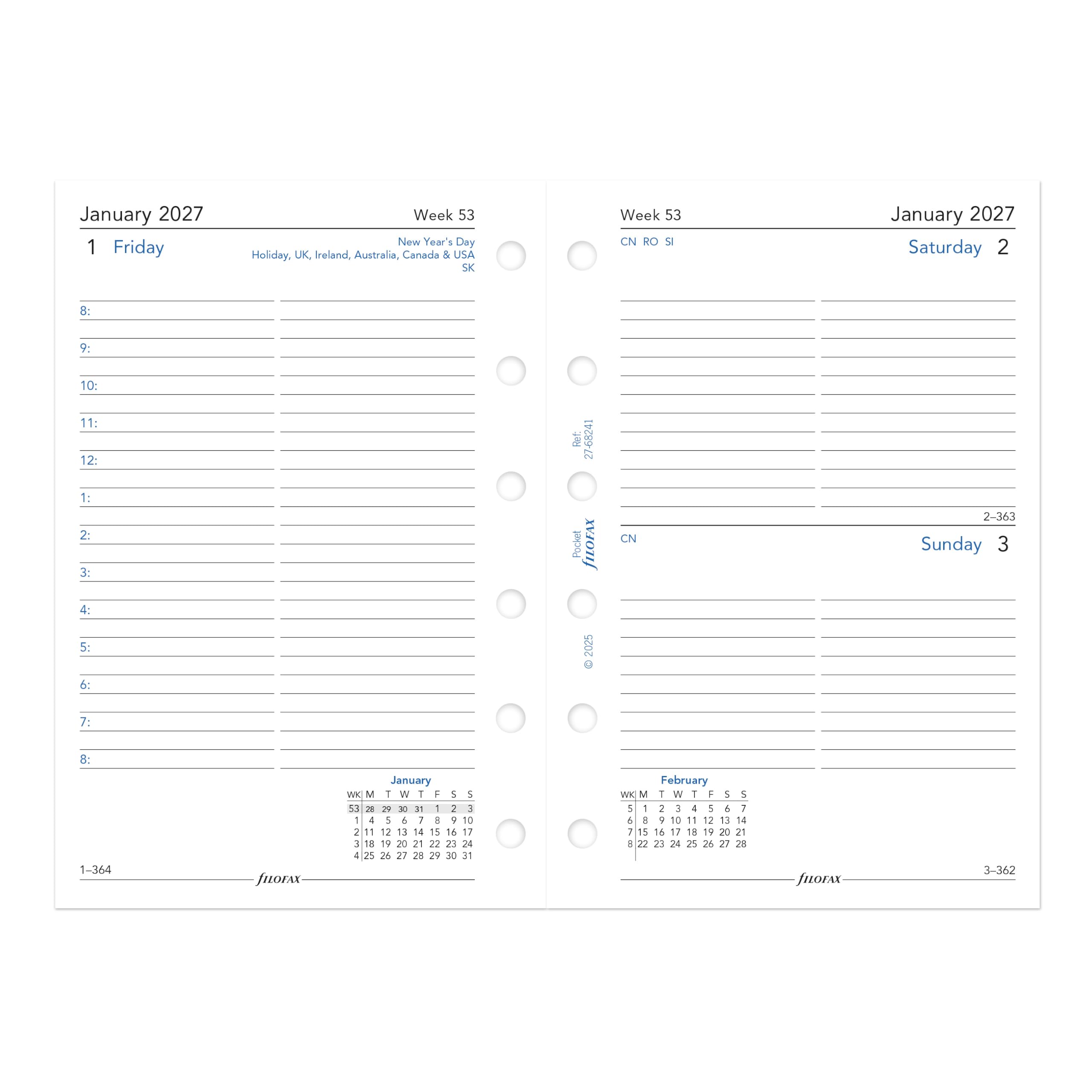 Filofax Recharge pour agenda 2027 format de poche, jour par page avec rendez-vous, ligné, papier blanc, anglais, 2027 (C68241-27)