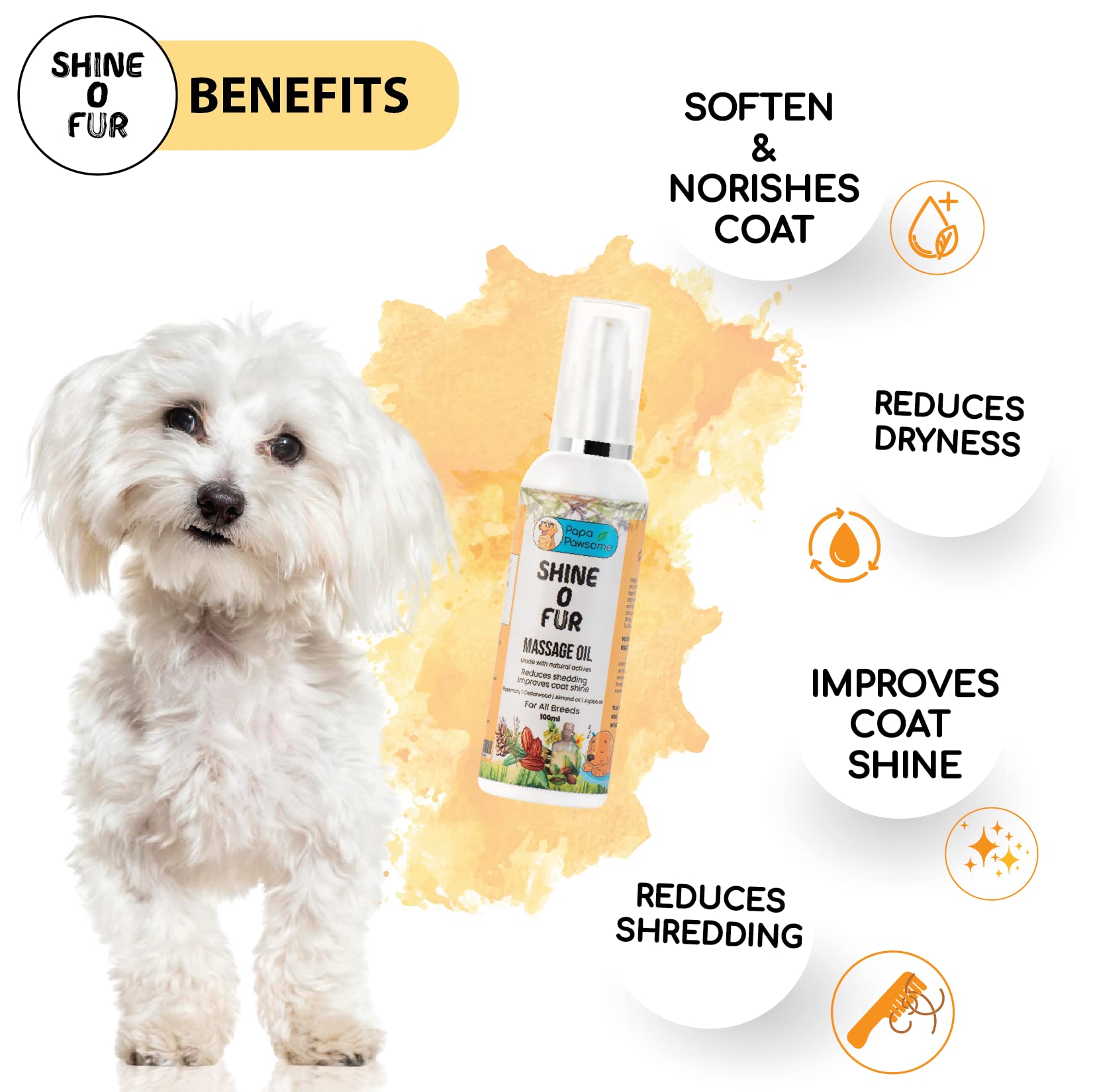 Papa Pawsome Long/Drop Coat - Maltese - Complete Grooming Kit Shine O Fur Shampoo with Conditioner 250ml + Shine On Waterless Shampoo 250ml + Shine O Fur Massage Oil 100ml + Soft and Shine Detangling Serum 50ml + Paw Cream 25gm 2