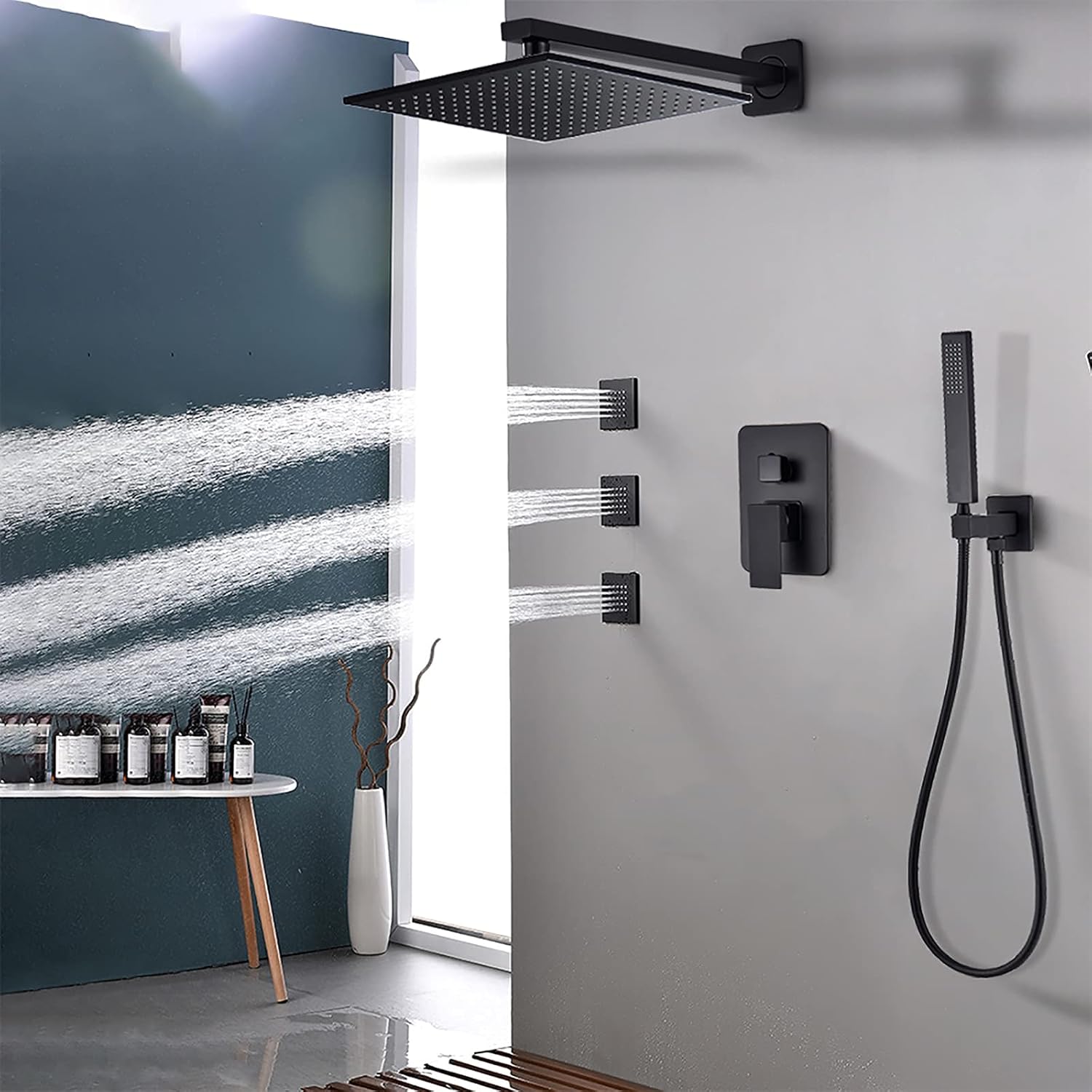 Shower system in use with body sprays