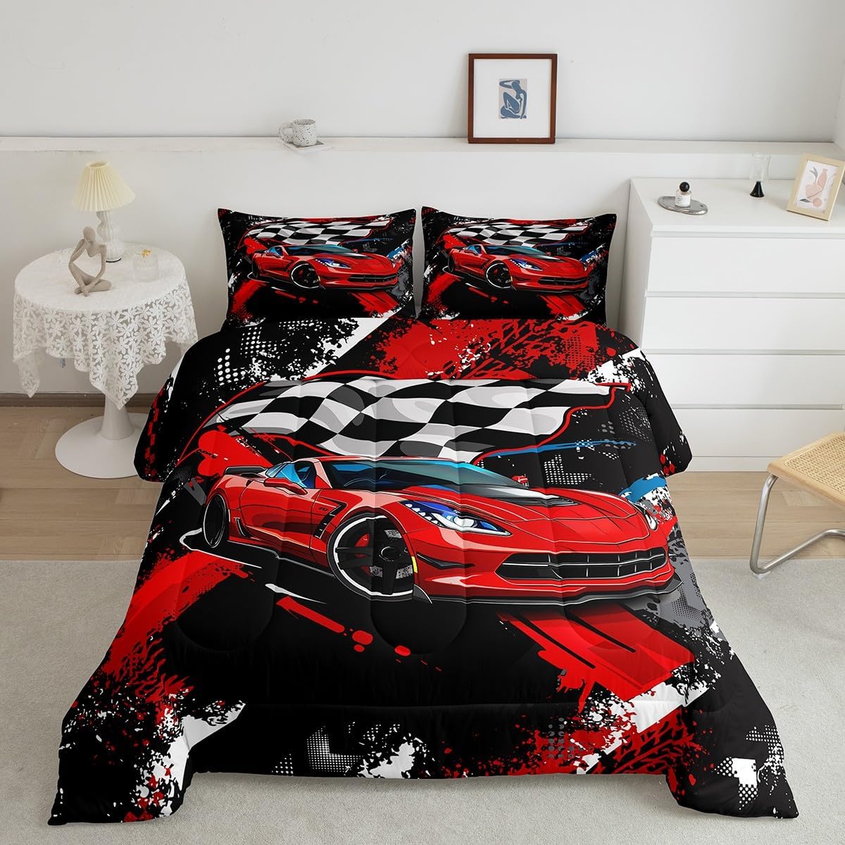 Car Bedding Set for Boys King Size Racing Sports Car Comforter Kids Extreme Sports Comforter Set Girls Teens Cool Speed Automobile Decor Bed Duvet Set Soft Lightweight Boys