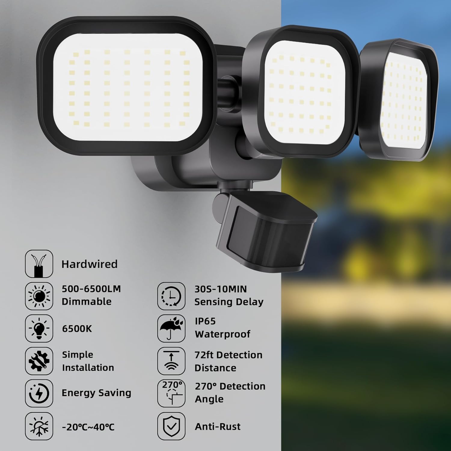2PK LED Motion Sensor Outdoor Lights, 6500LM, 270° 72FT Detected Range, Dusk to Dawn, 5000K, IP65 Waterproof Flood Lights Outdoor, 3 Head Motion Detector Security Light for Garage,Yard