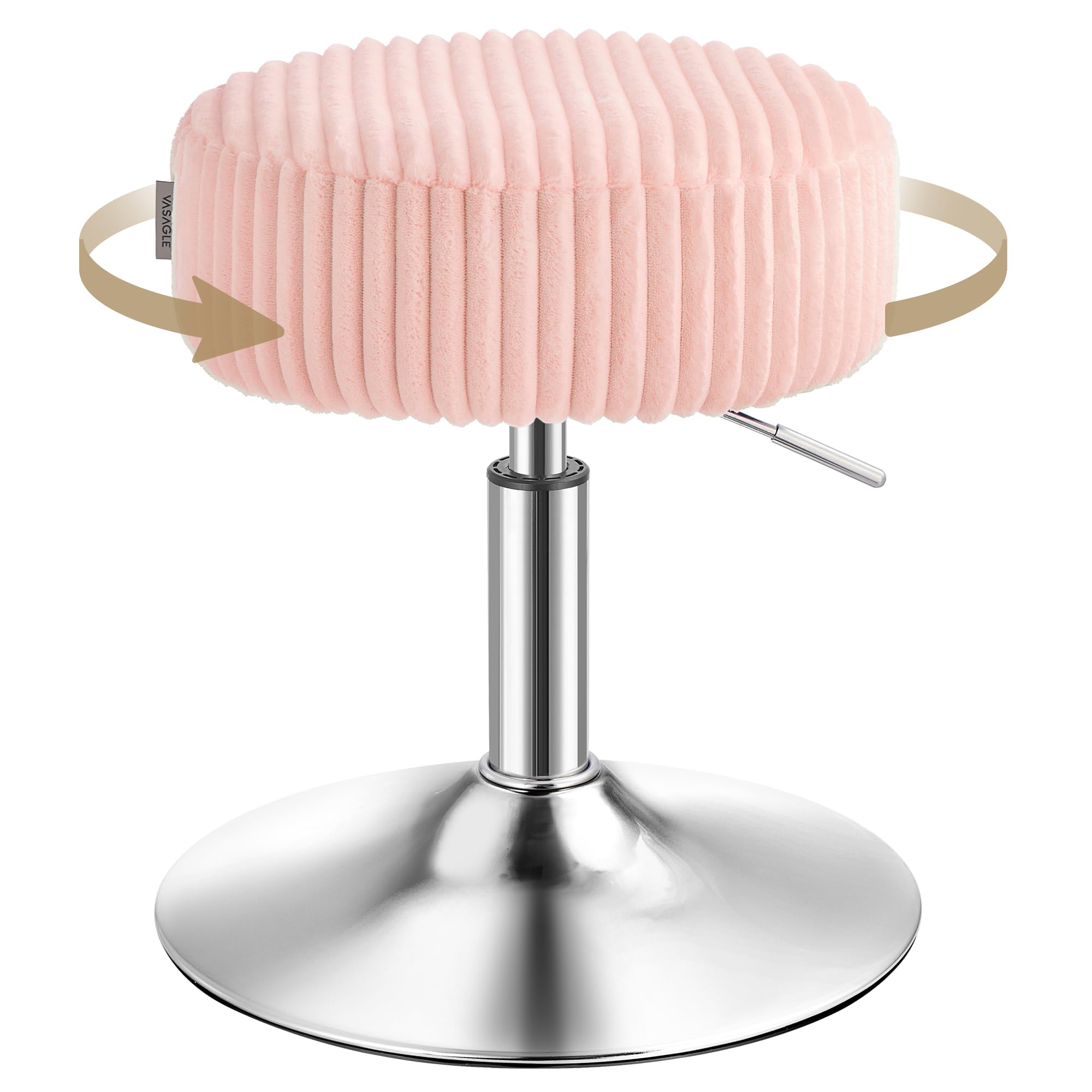 VASAGLE Dressing Table Stool, Height Adjustable Makeup Vanity Stool, 360° Swivel, Short Pile Plush Fabric Upholstery, Thick Cushion, for Bedroom, Kitchen, Dining Room, Island, Pink LJB128S102