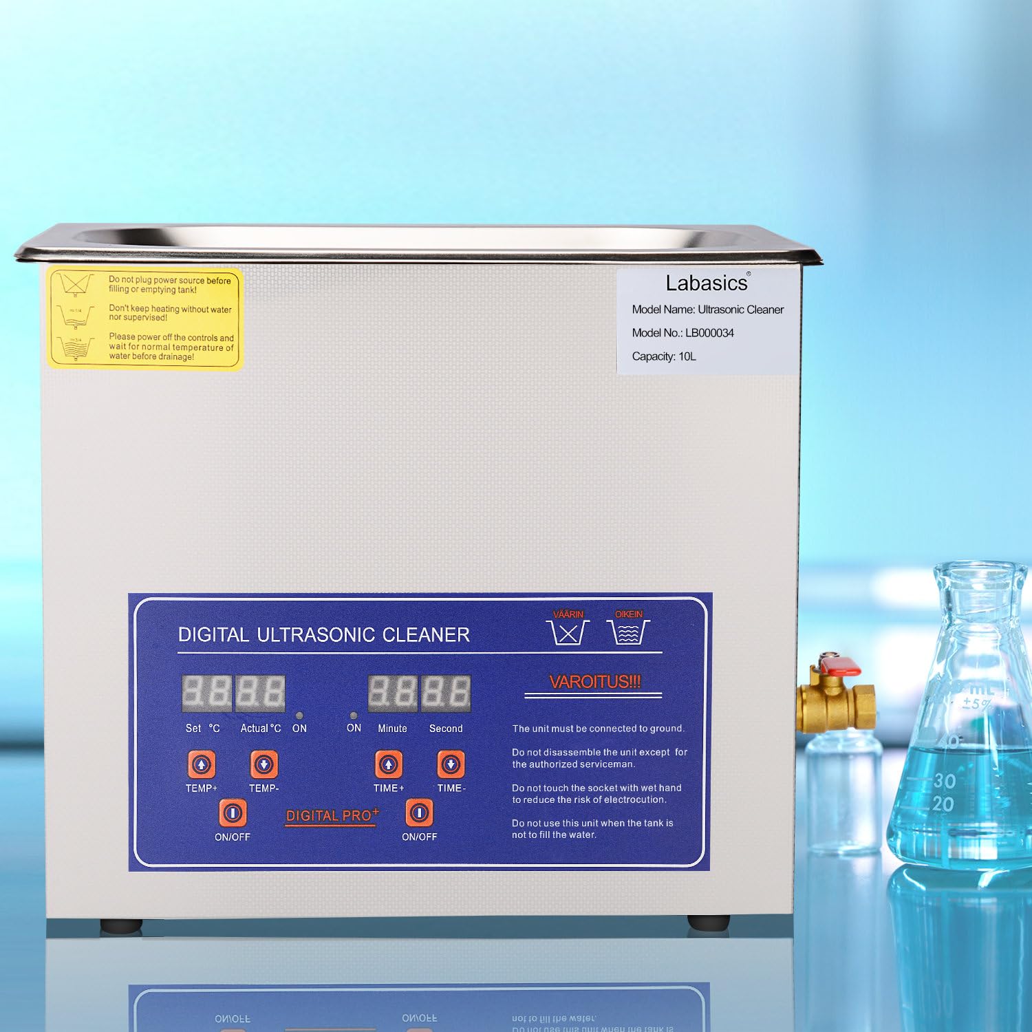 Labasics Pulitore ad Ultrasuoni, Pulitore ad Ultrasuoni Acciaio Inox Professionale Multiuso con Timer Display Digitale e Controllo del Calore per Laboratorio 220V, 10L