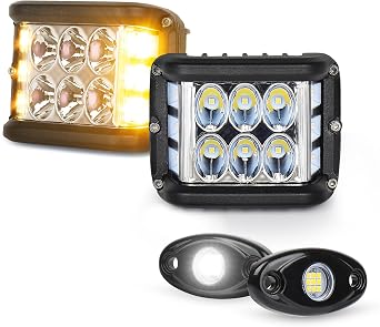 4 PCS High Lighting Combo 4-Inch Yellow Dual Shooter Pods with Solid/Strobe DRL & Whites Neon Underglow Rock Lights Waterproof, Compatible with Jeep Off Road Truck ATV UTV SUV 4x4 Boat Motorcy